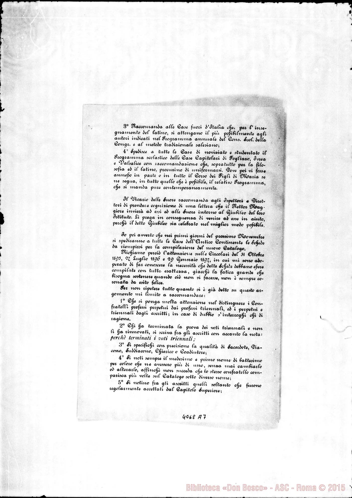 Fotogramma A 7 — Anno 1897: Circolari di Don Belmonte dei mesi di gennaio, febbraio, marzo, aprile, maggio, giugno, luglio, settembre, ottobre, novembre, dicembre. Stampate