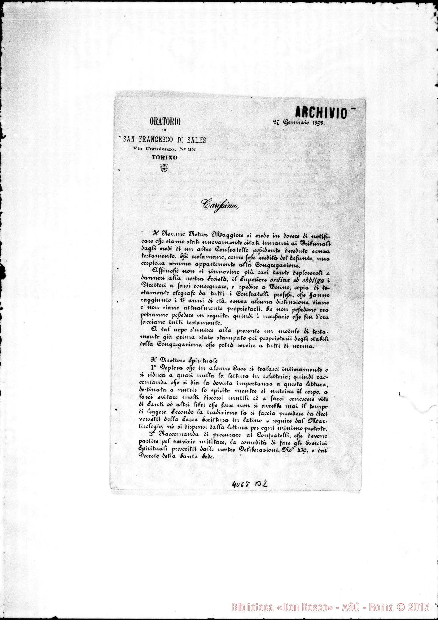 Fotogramma B 2 — Anno 1898: Circolari di Don Belmonte dei mesi di gennaio, febbraio, marzo, aprile, maggio, giugno, luglio, ottobre, dicembre (3). Stampate