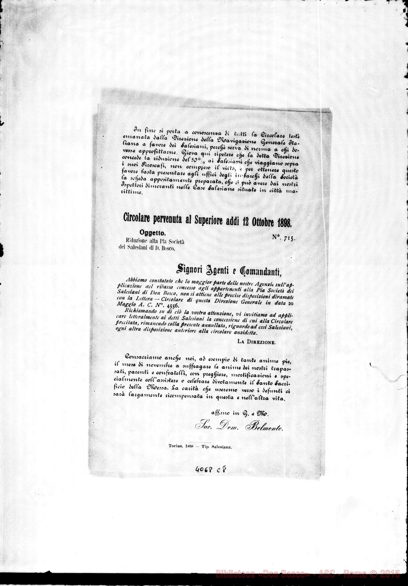 Fotogramma C 8 — Anno 1898: Circolari di Don Belmonte dei mesi di gennaio, febbraio, marzo, aprile, maggio, giugno, luglio, ottobre, dicembre (3). Stampate