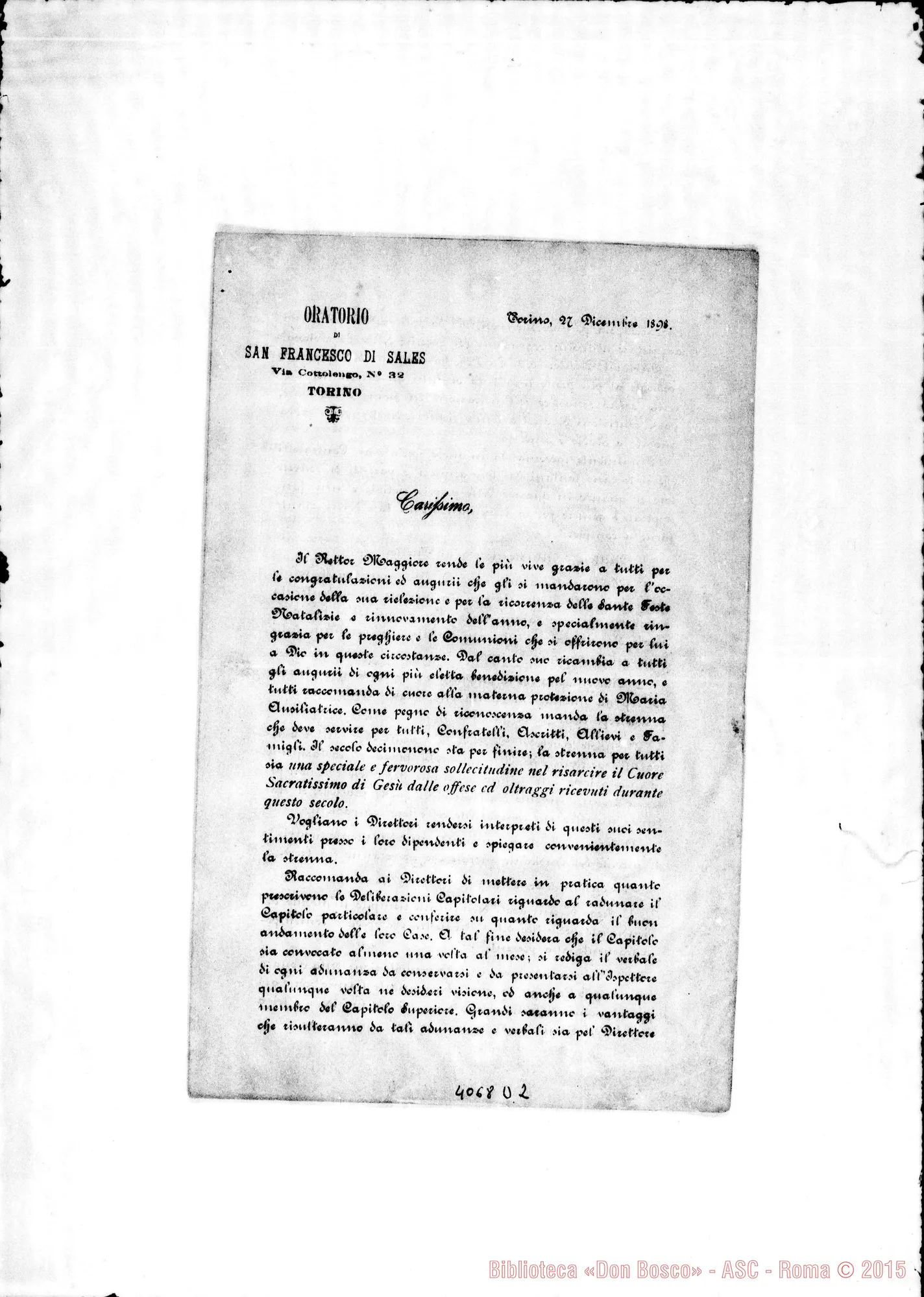 Fotogramma D 2 — Anno 1898: Circolari di Don Belmonte dei mesi di gennaio, febbraio, marzo, aprile, maggio, giugno, luglio, ottobre, dicembre (3). Stampate