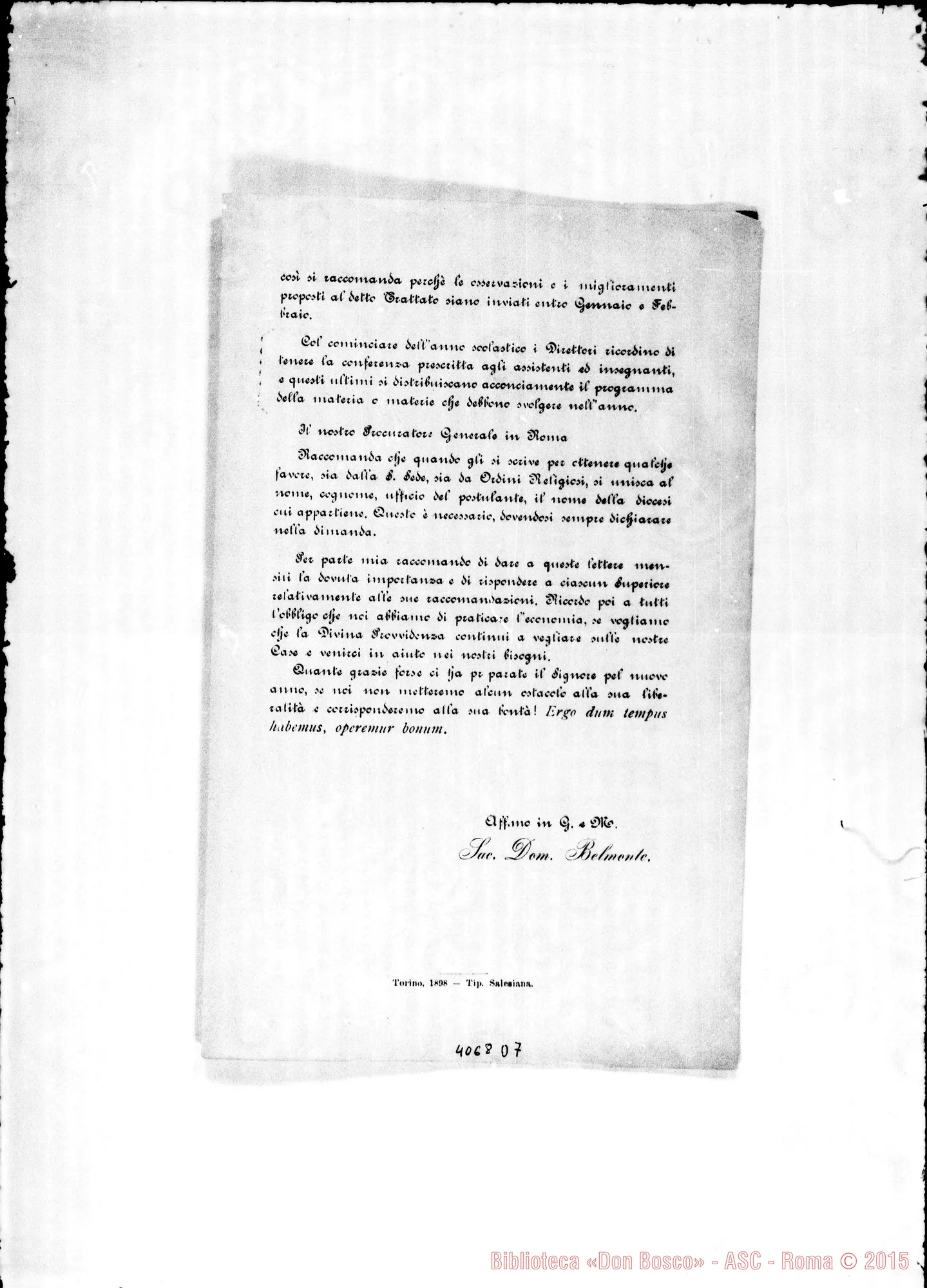 Fotogramma D 7 — Anno 1898: Circolari di Don Belmonte dei mesi di gennaio, febbraio, marzo, aprile, maggio, giugno, luglio, ottobre, dicembre (3). Stampate