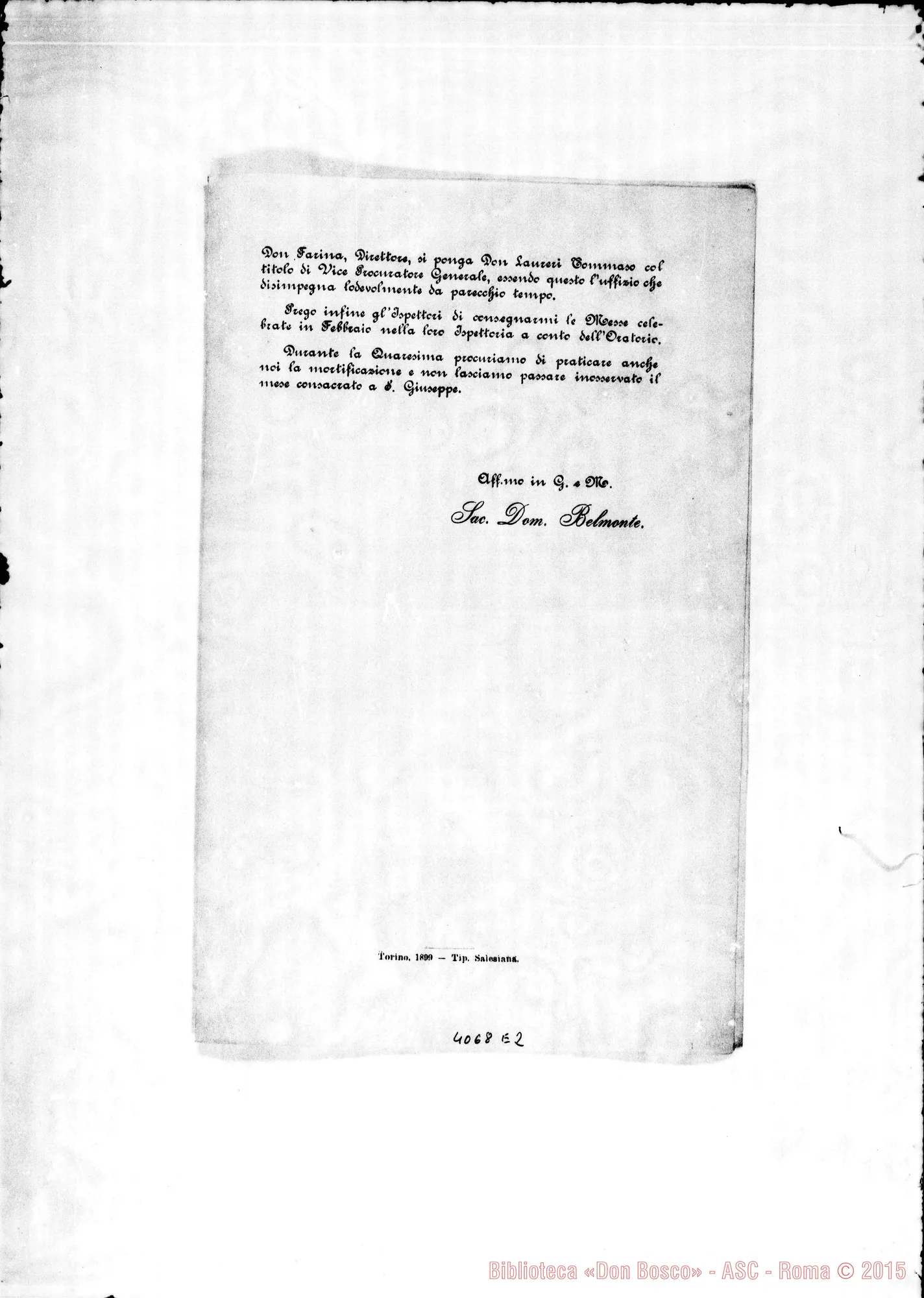 Fotogramma E 2 — Anno 1899: Circolari di Don Belmonte dei mesi di gennaio, febbraio, marzo, aprile, maggio, giugno, luglio, ottobre, novembre, dicembre. Stampate