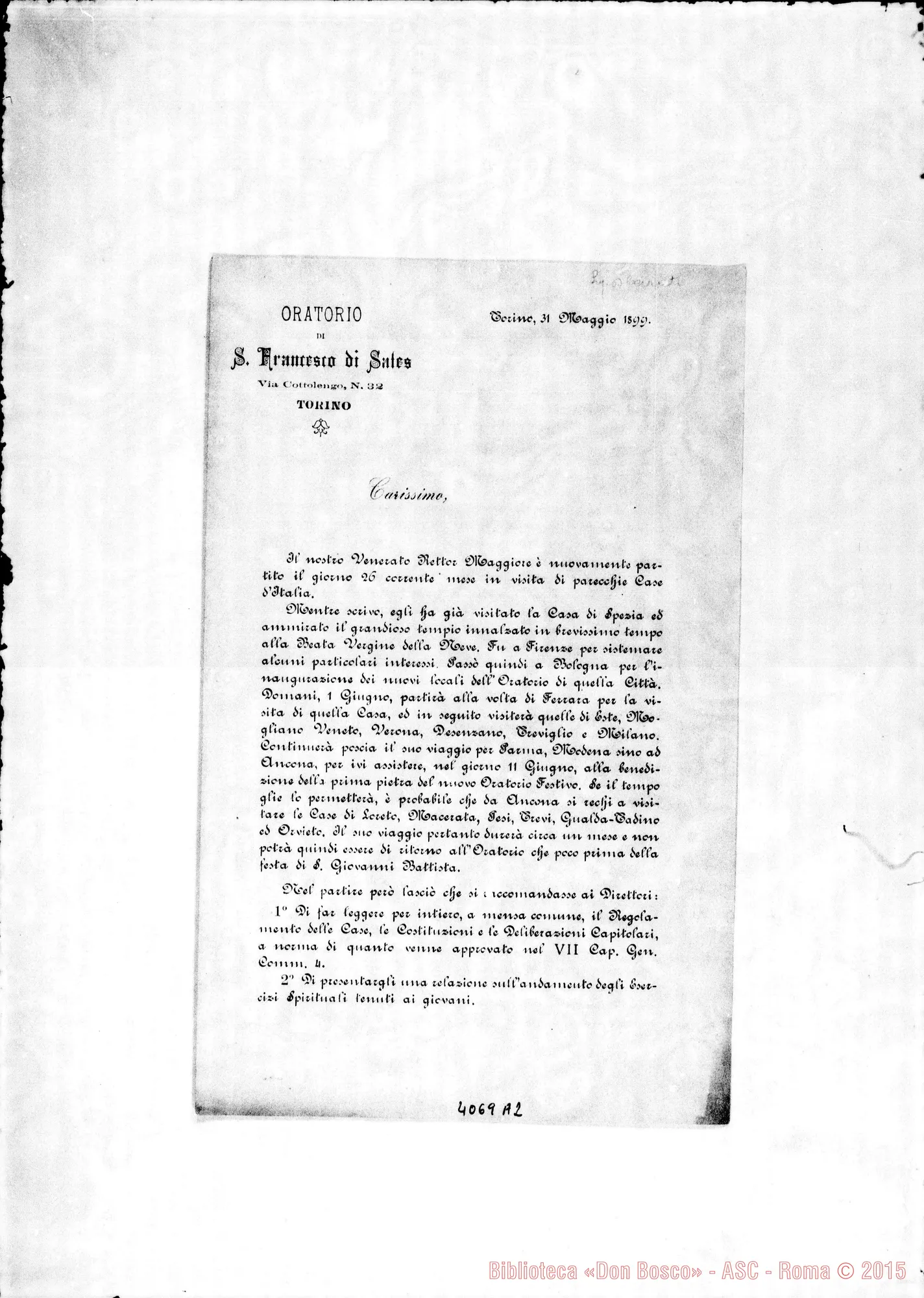 Fotogramma A 2 — Anno 1899: Circolari di Don Belmonte dei mesi di gennaio, febbraio, marzo, aprile, maggio, giugno, luglio, ottobre, novembre, dicembre. Stampate
