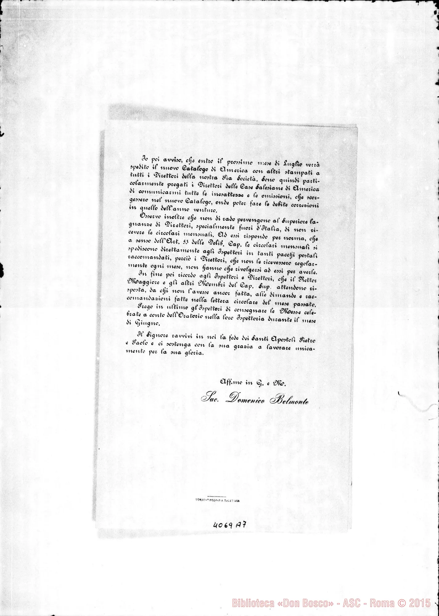 Fotogramma A 7 — Anno 1899: Circolari di Don Belmonte dei mesi di gennaio, febbraio, marzo, aprile, maggio, giugno, luglio, ottobre, novembre, dicembre. Stampate