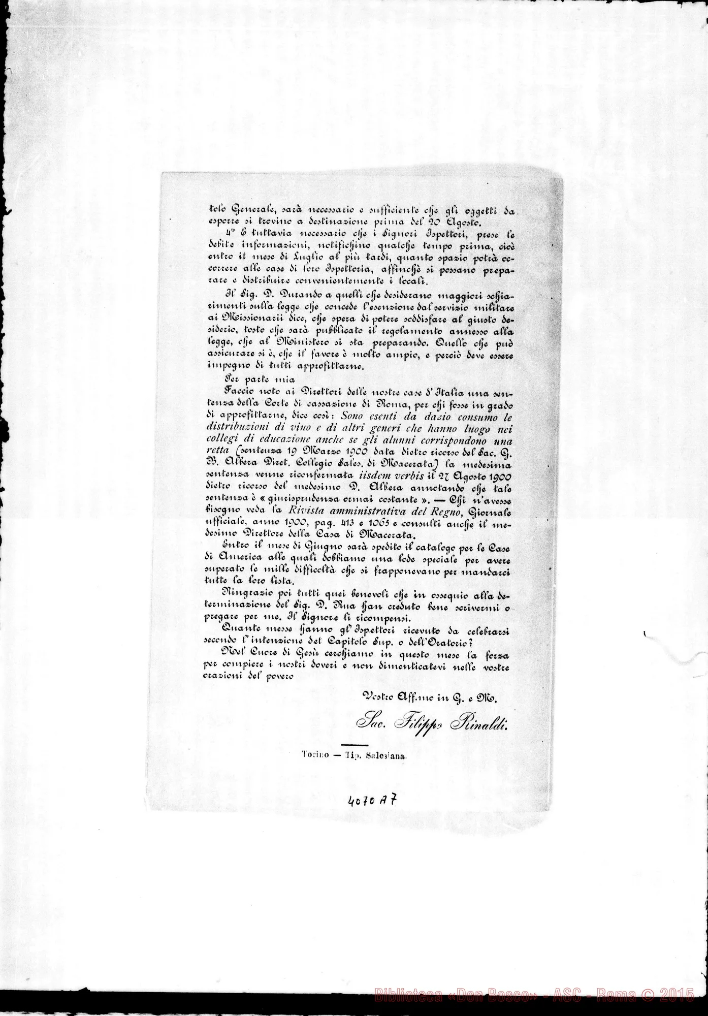 Fotogramma A 7 — Anno 1901: Circolari: Don Belmonte: gennaio Don Rua-Don Bovio: febbraio Don Bovio: marzo Don Rinaldi: aprile, maggio, giugno, luglio, ottobre, novembre (2), dicembre. Stampate