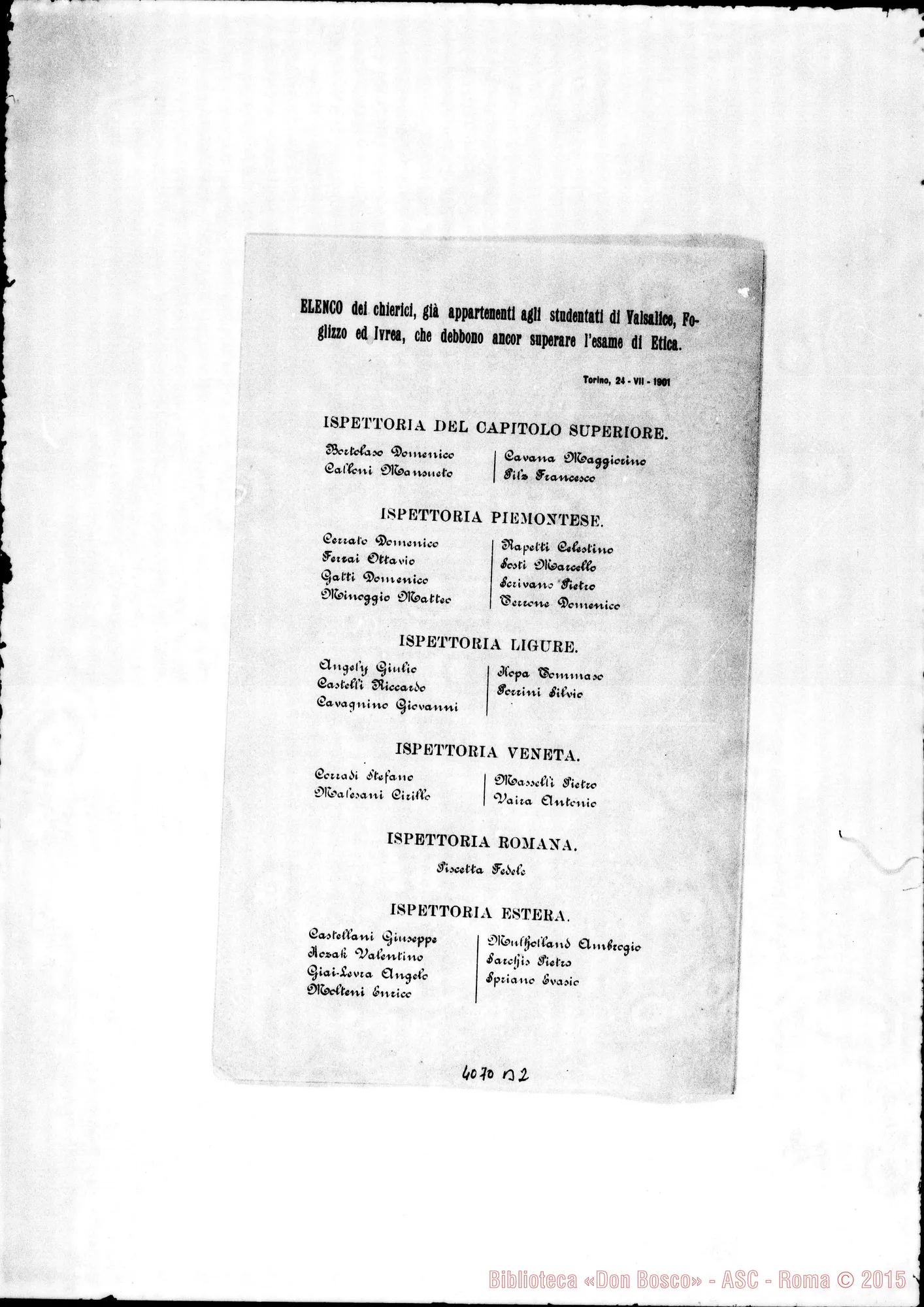 Fotogramma B 2 — Anno 1901: Circolari: Don Belmonte: gennaio Don Rua-Don Bovio: febbraio Don Bovio: marzo Don Rinaldi: aprile, maggio, giugno, luglio, ottobre, novembre (2), dicembre. Stampate