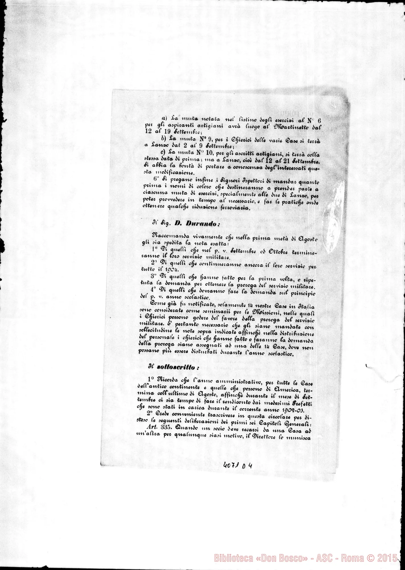 Fotogramma D 4 — Anno 1903: Circolari di Don Rinaldi dei mesi di gennaio, febbraio, marzo, aprile, maggio, giugno, luglio, settembre, ottobre, novembre, dicembre. Stampate