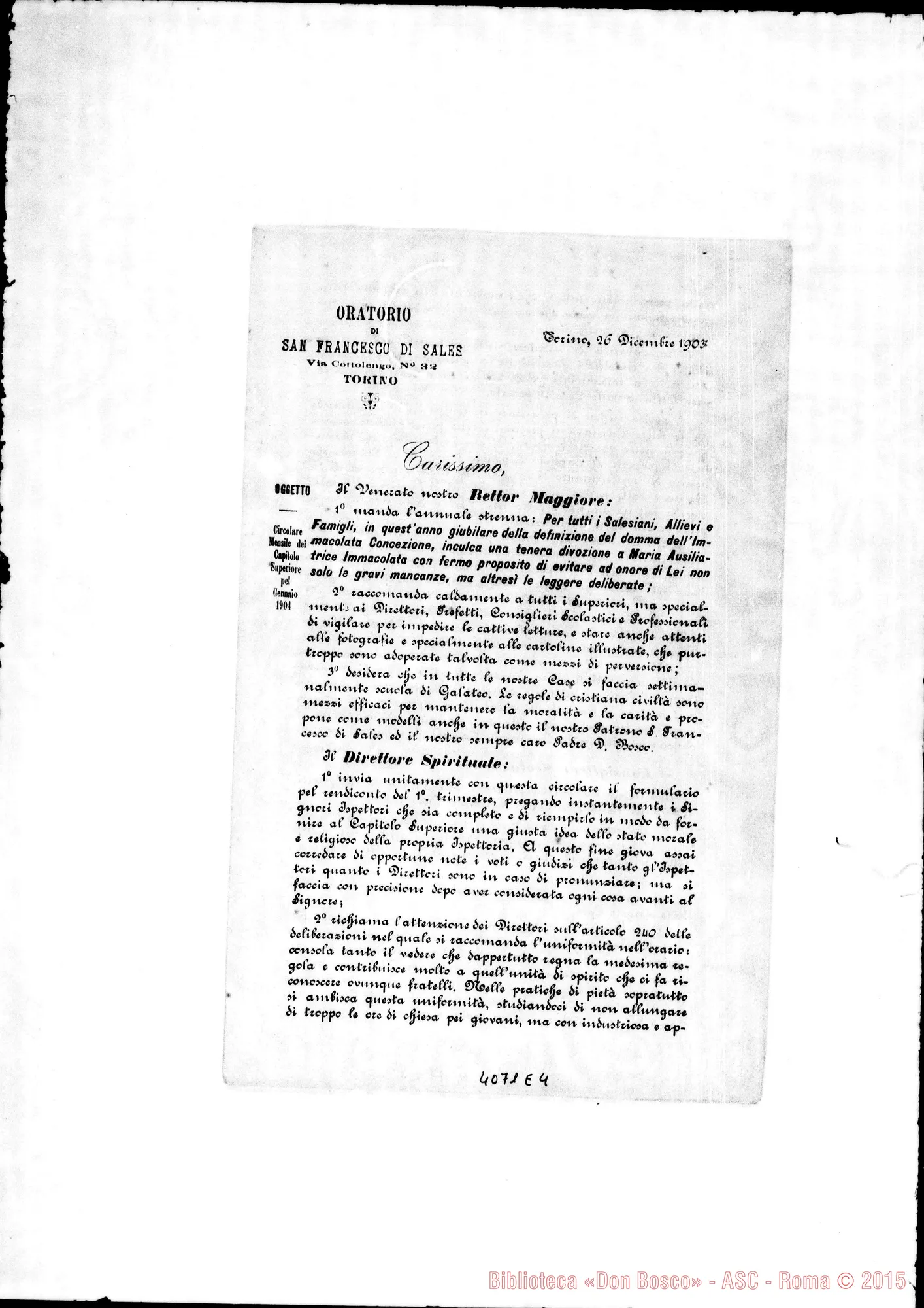 Fotogramma E 4 — Anno 1903: Circolari di Don Rinaldi dei mesi di gennaio, febbraio, marzo, aprile, maggio, giugno, luglio, settembre, ottobre, novembre, dicembre. Stampate