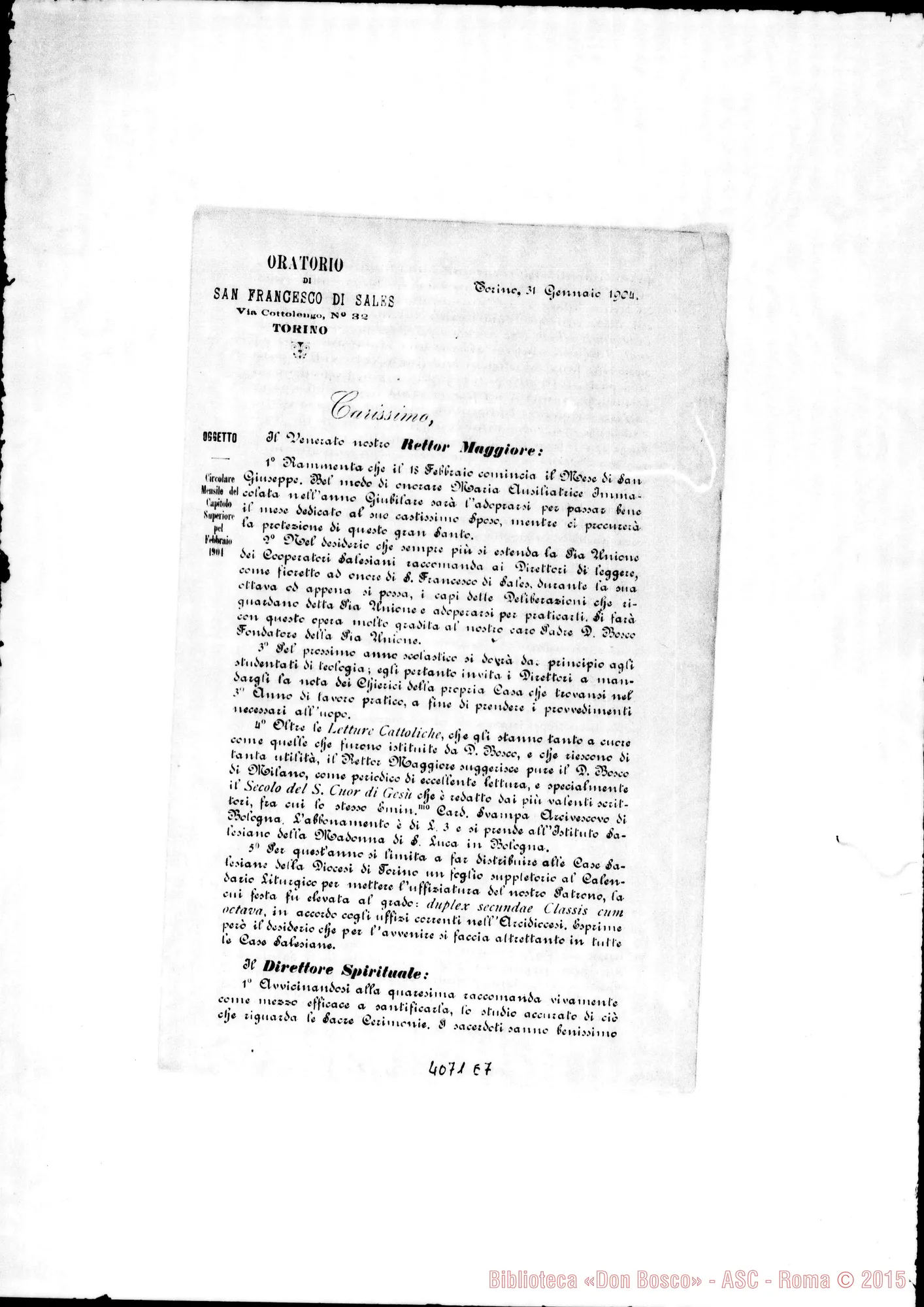 Fotogramma E 7 — Anno 1904: Circolari di Don Rinaldi dei mesi di gennaio, febbraio, marzo, aprile, maggio, giugno, luglio, settembre, ottobre, novembre, dicembre. Stampate