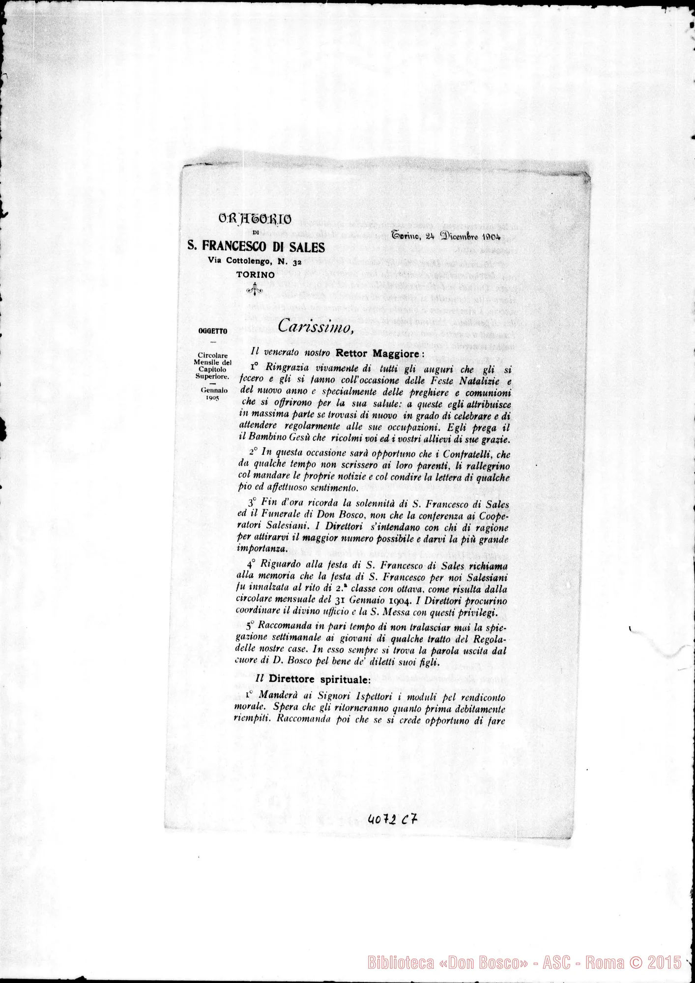 Fotogramma C 7 — Anno 1904: Circolari di Don Rinaldi dei mesi di gennaio, febbraio, marzo, aprile, maggio, giugno, luglio, settembre, ottobre, novembre, dicembre. Stampate