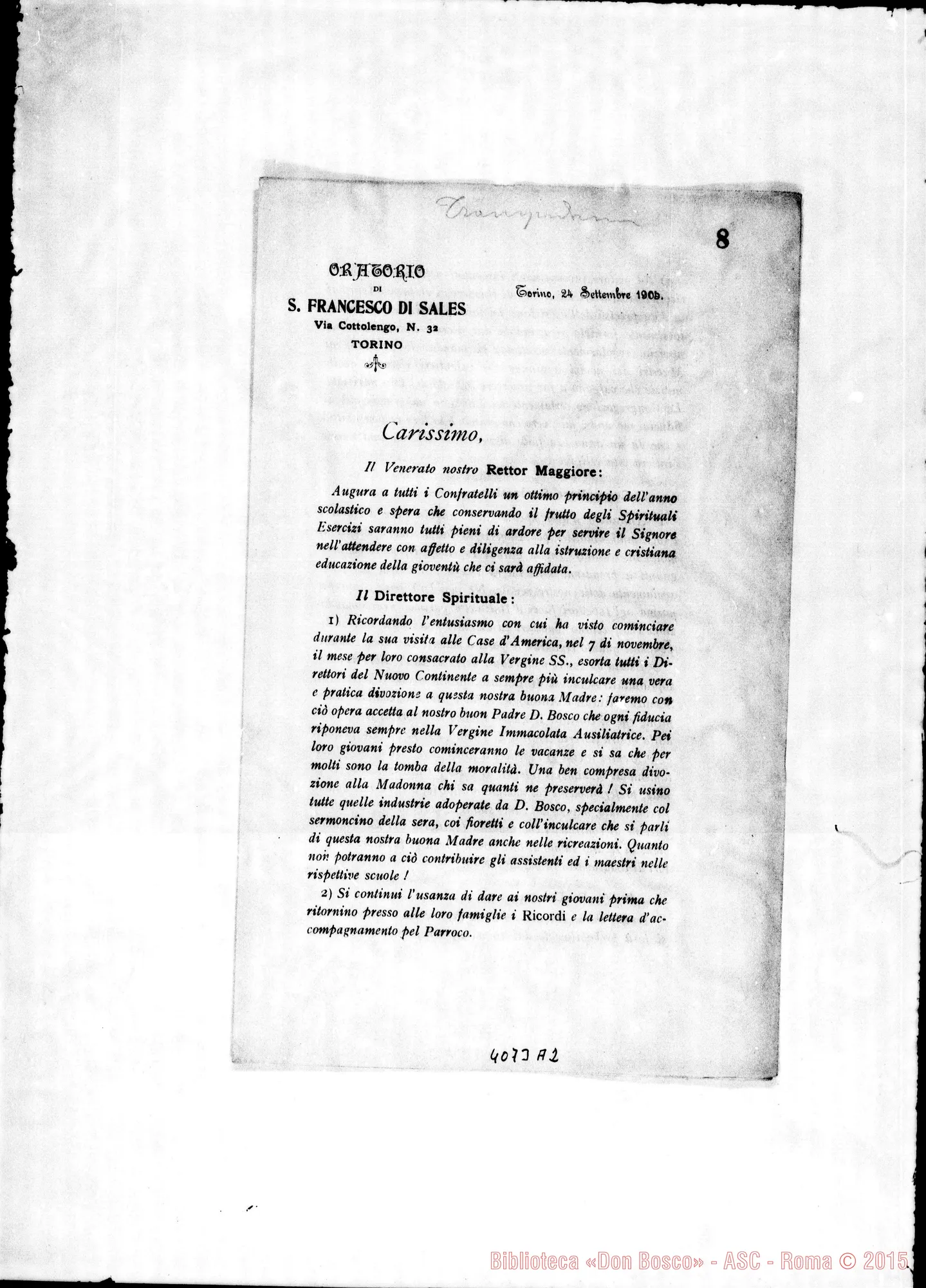 Fotogramma A 2 — Anno 1905: Circolari di Don Rinaldi dei mesi di gennaio, febbraio, marzo (D. Rua), aprile (D. Rua), maggio, giugno, luglio, settembre, ottobre, novembre, dicembre