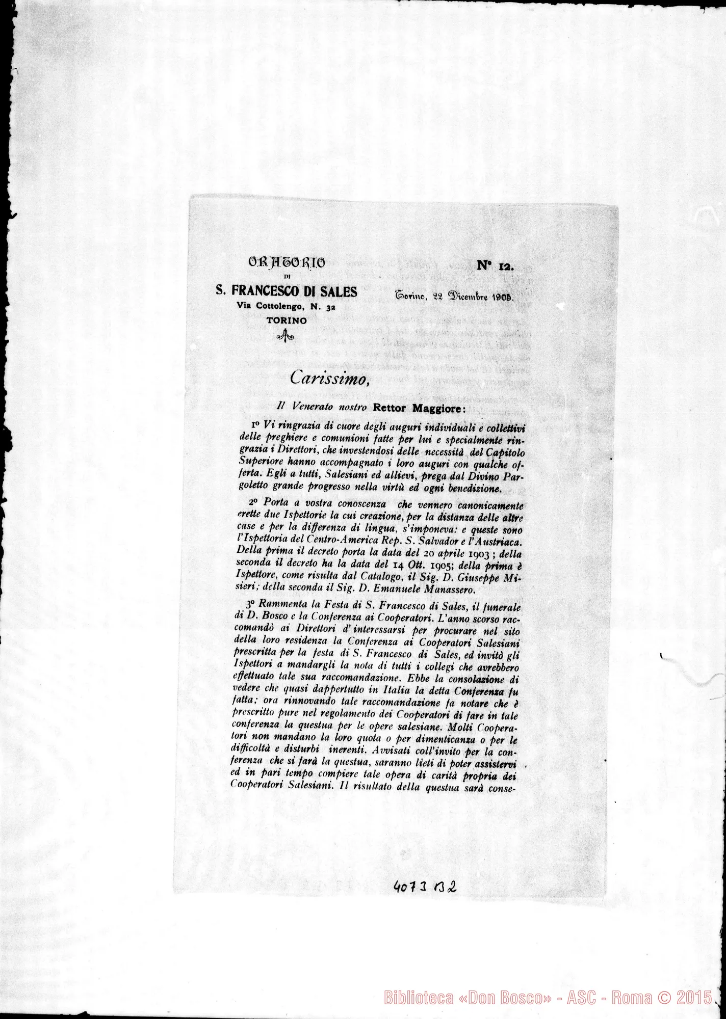Fotogramma B 2 — Anno 1905: Circolari di Don Rinaldi dei mesi di gennaio, febbraio, marzo (D. Rua), aprile (D. Rua), maggio, giugno, luglio, settembre, ottobre, novembre, dicembre