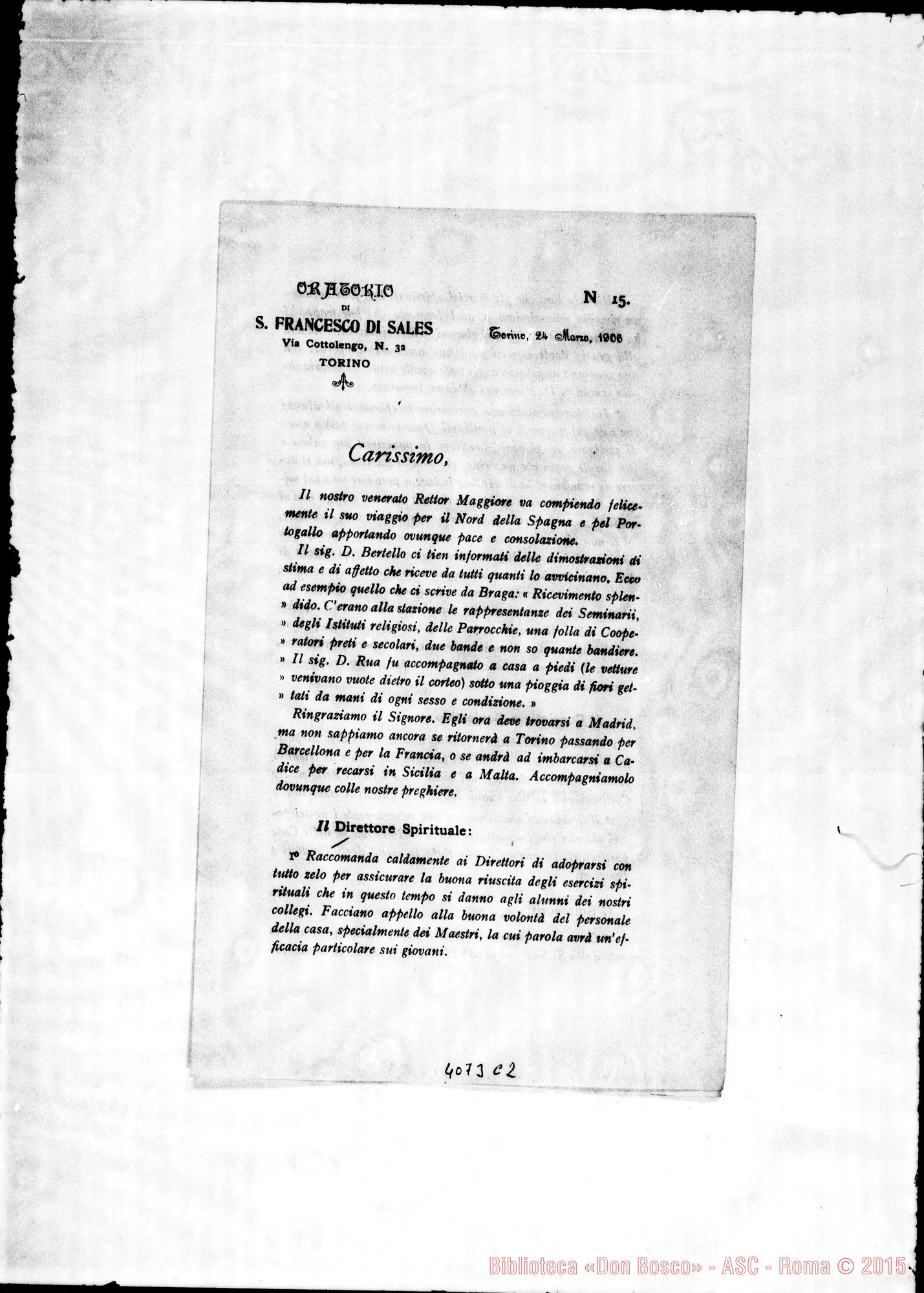 Fotogramma C 2 — Anno 1906: Circolari di Don Rinaldi dei mesi di gennaio, febbraio, marzo, aprile, maggio, giugno, luglio, agosto, ottobre, novembre, dicembre. Stampate