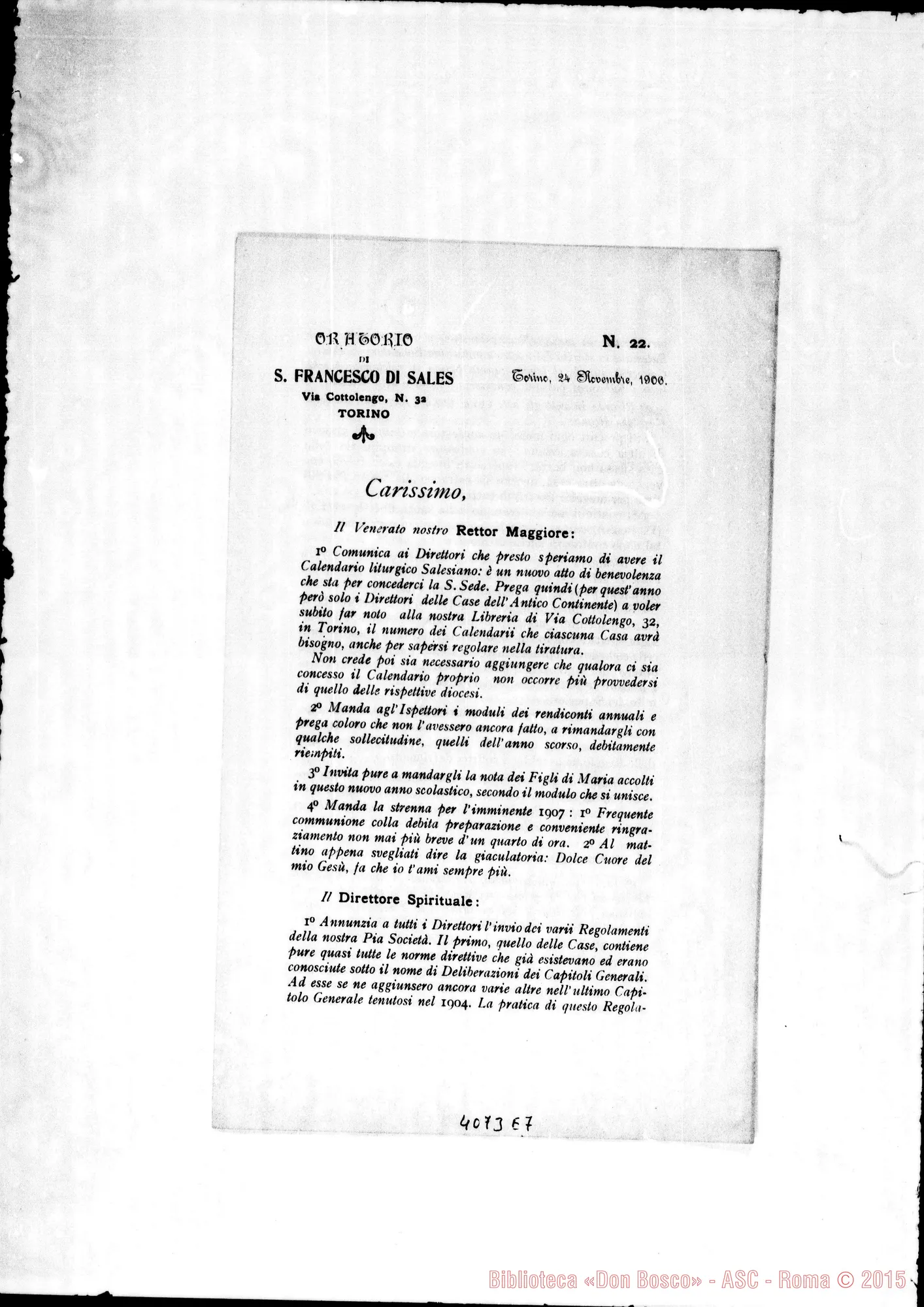 Fotogramma E 7 — Anno 1906: Circolari di Don Rinaldi dei mesi di gennaio, febbraio, marzo, aprile, maggio, giugno, luglio, agosto, ottobre, novembre, dicembre. Stampate