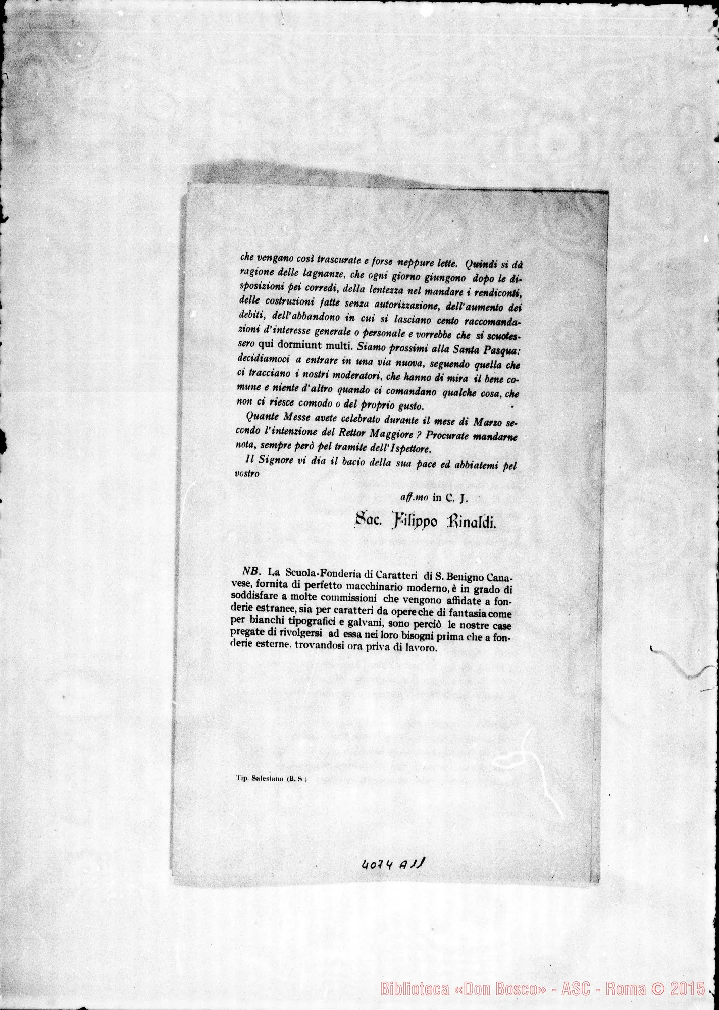 Fotogramma A 11 — Anno 1907: Circolari di Don Rinaldi dei mesi di gennaio, febbraio, marzo, aprile, maggio, giugno, luglio, settembre, ottobre, novembre, dicembre. Stampate