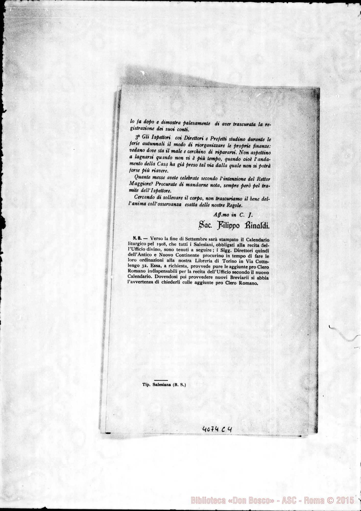 Fotogramma C 4 — Anno 1907: Circolari di Don Rinaldi dei mesi di gennaio, febbraio, marzo, aprile, maggio, giugno, luglio, settembre, ottobre, novembre, dicembre. Stampate
