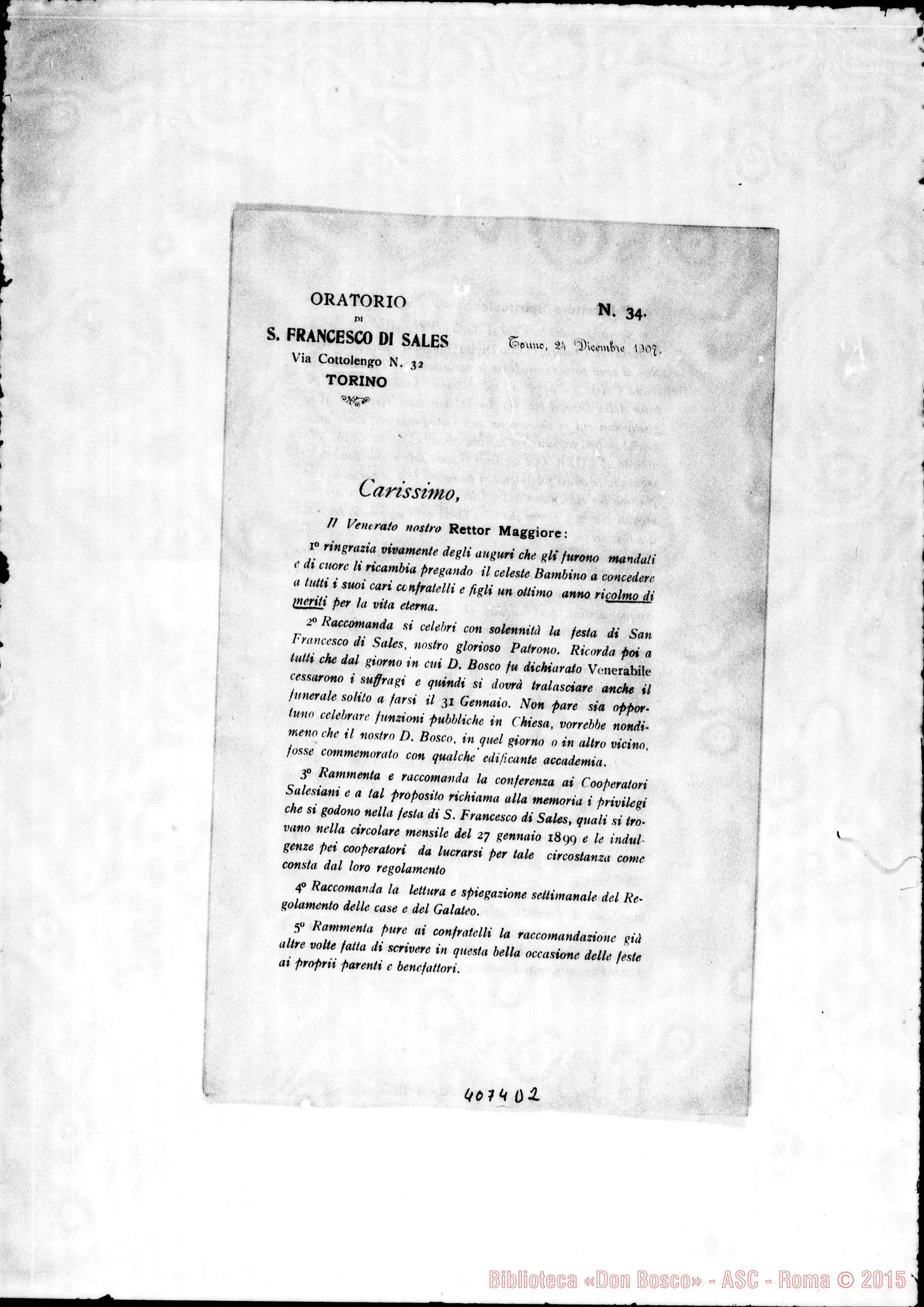 Fotogramma D 2 — Anno 1907: Circolari di Don Rinaldi dei mesi di gennaio, febbraio, marzo, aprile, maggio, giugno, luglio, settembre, ottobre, novembre, dicembre. Stampate