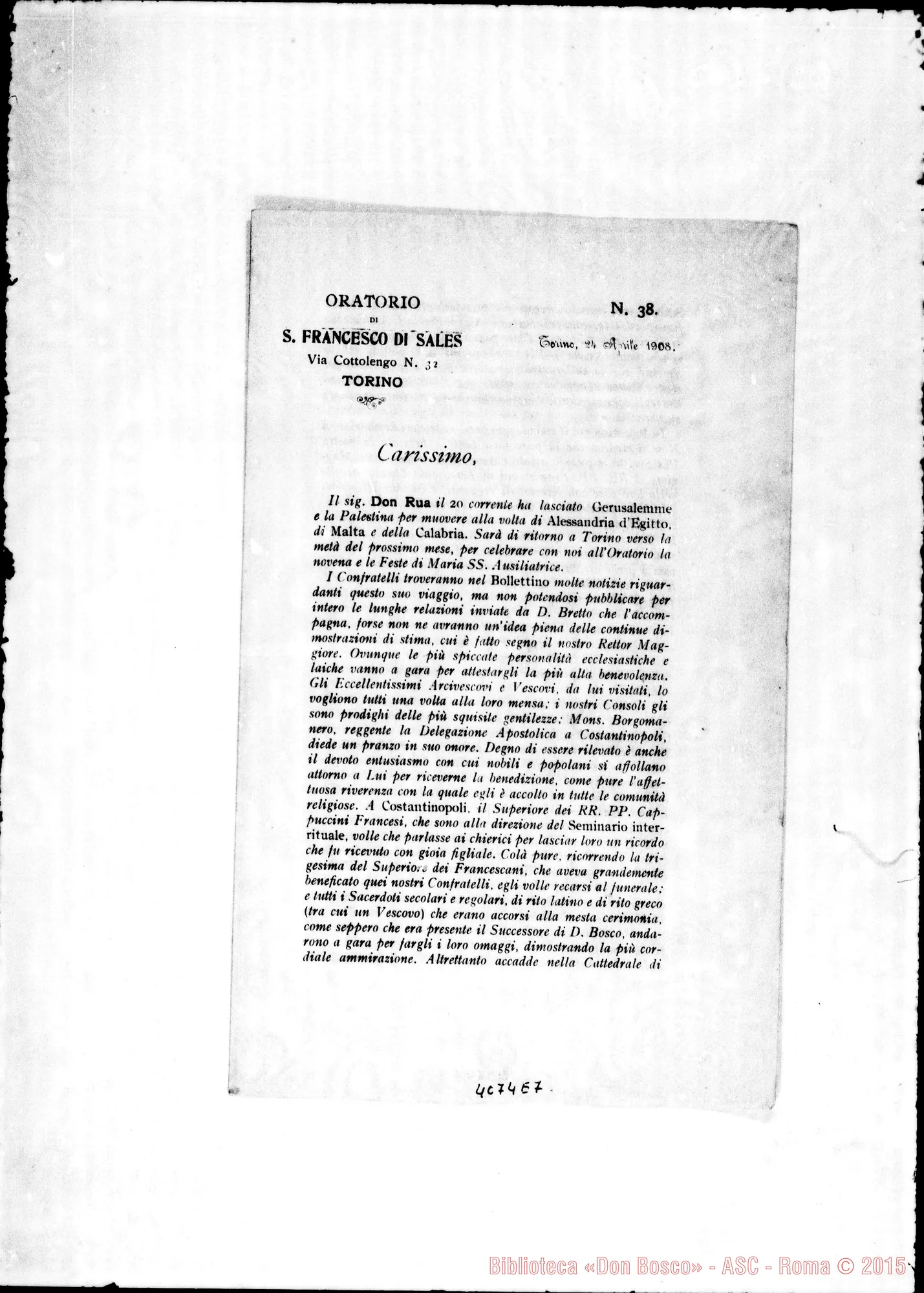Fotogramma E 7 — Anno 1908: Circolari di Don Rinaldi dei mesi di gennaio, febbraio, marzo, aprile, maggio, giugno, luglio, agosto, settembre, ottobre, novembre, dicembre. Stampate