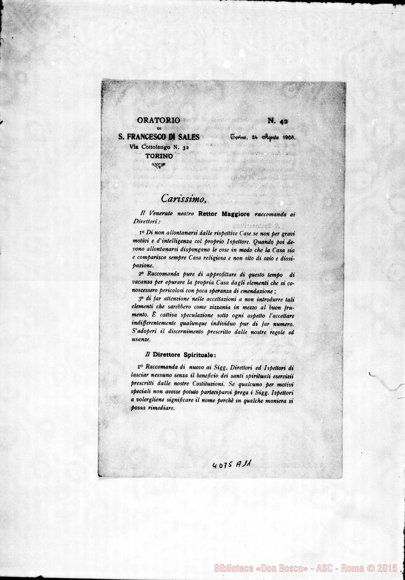 Fotogramma A 11 — Anno 1908: Circolari di Don Rinaldi dei mesi di gennaio, febbraio, marzo, aprile, maggio, giugno, luglio, agosto, settembre, ottobre, novembre, dicembre. Stampate
