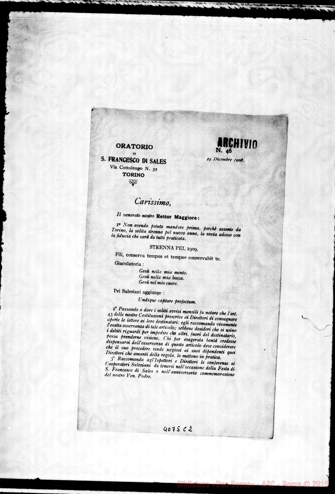Fotogramma C 2 — Anno 1908: Circolari di Don Rinaldi dei mesi di gennaio, febbraio, marzo, aprile, maggio, giugno, luglio, agosto, settembre, ottobre, novembre, dicembre. Stampate