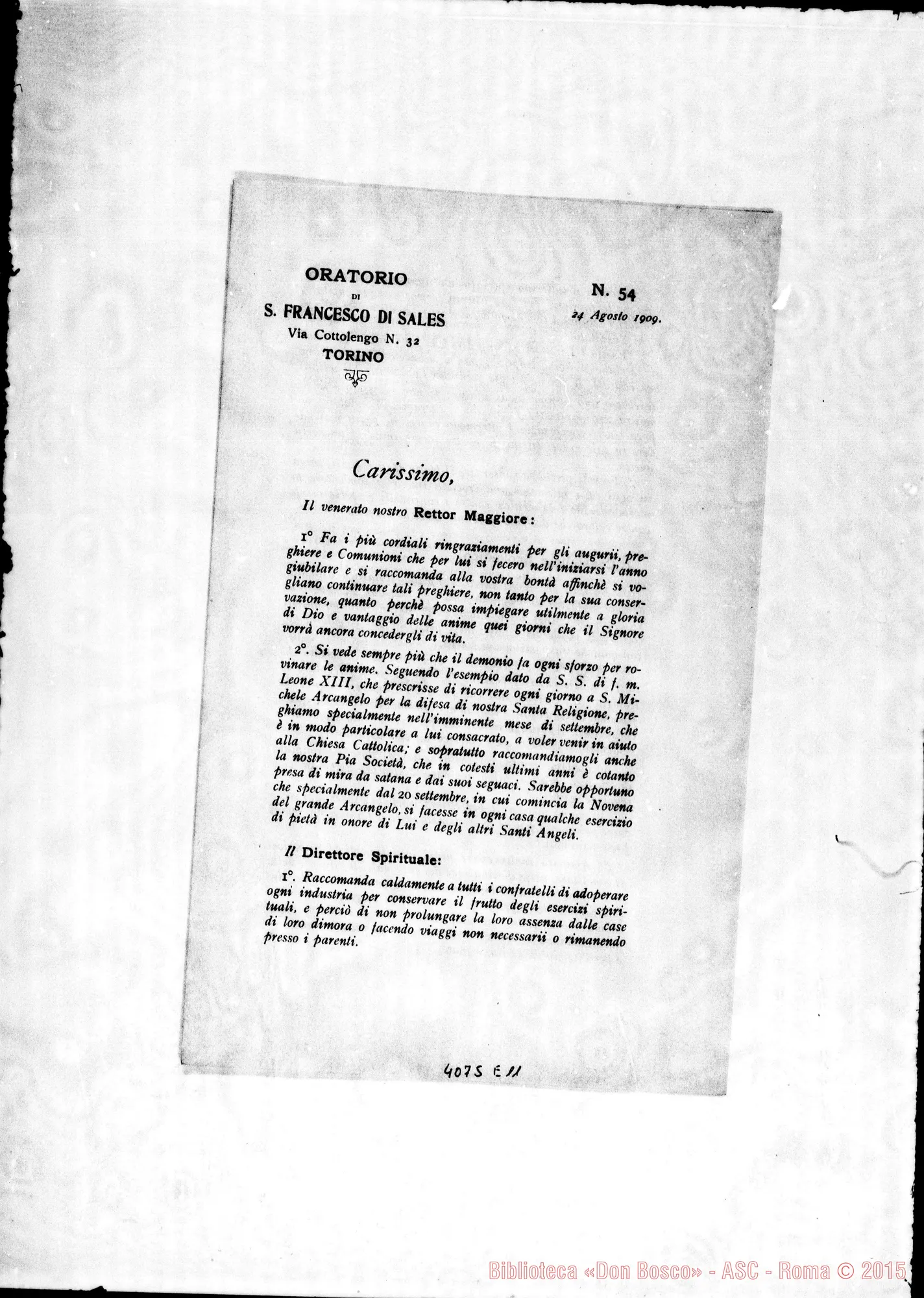 Fotogramma E 11 — Anno 1909: Circolari di Don Rinaldi dei mesi di gennaio, febbraio, marzo, aprile, maggio, giugno, luglio, agosto, settembre, ottobre, novembre, dicembre.