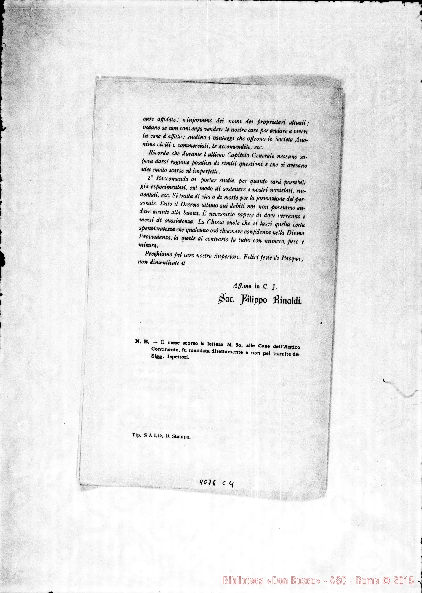 Fotogramma C 4 — Anno 1910: Circolari di Don Rinaldi dei mesi di gennaio, febbraio, marzo, aprile, maggio. Stampate