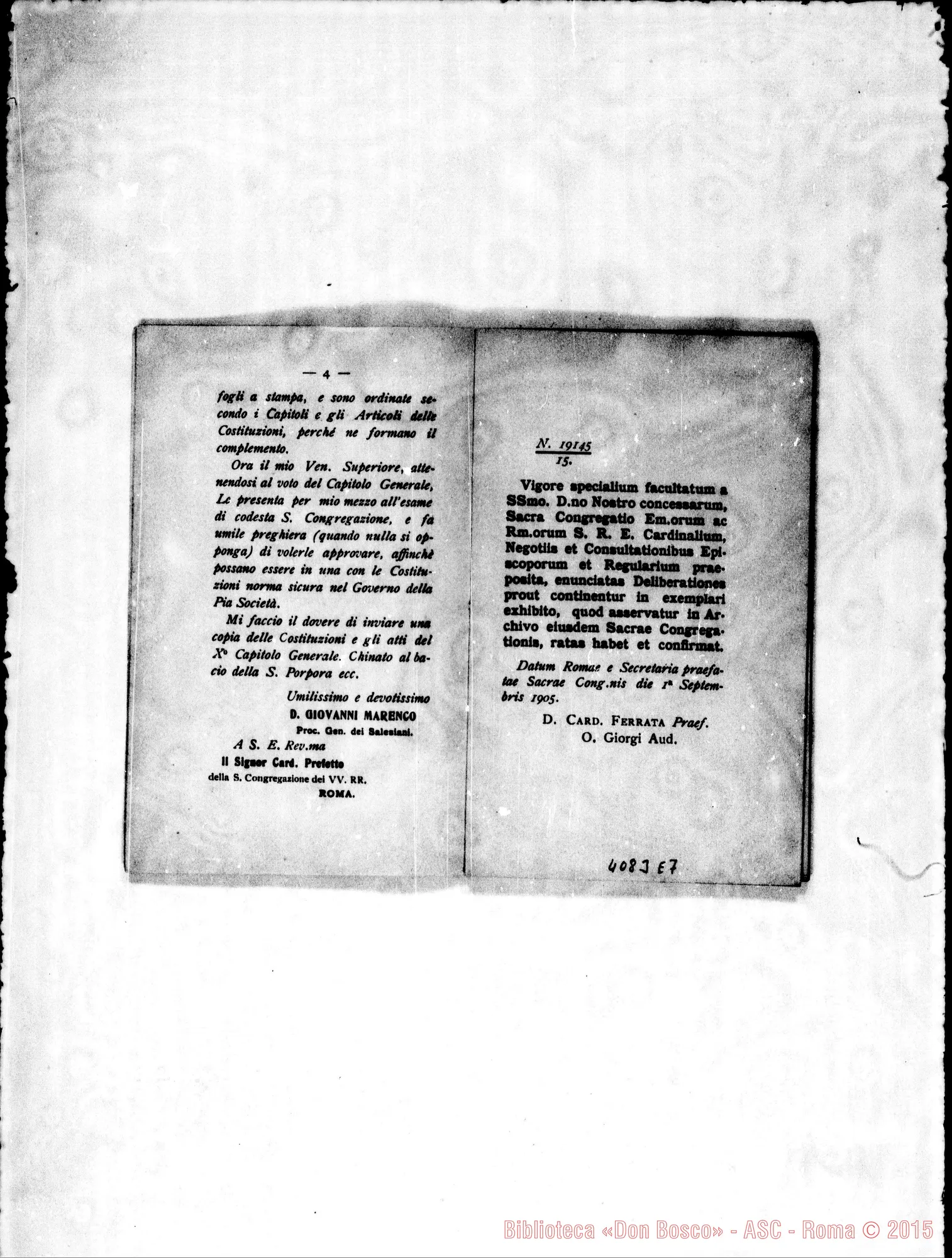Fotogramma E 7 — Cap. Generale X (1904): Lettera al Card. Ferrara E risposta