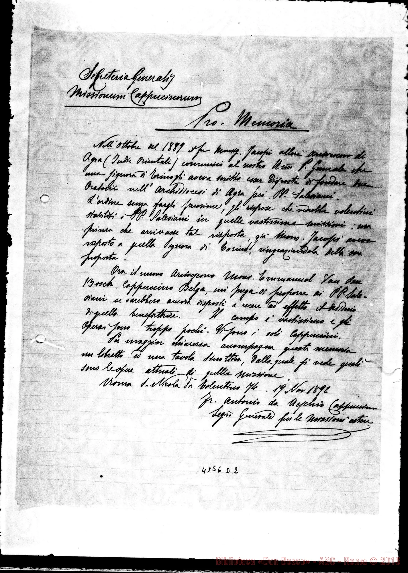 Fotogramma D 2 — Fr. Antonino da Reschio: promemoria Alessandria d’Egitto. Ispett. Medio Oriente. Cfr.