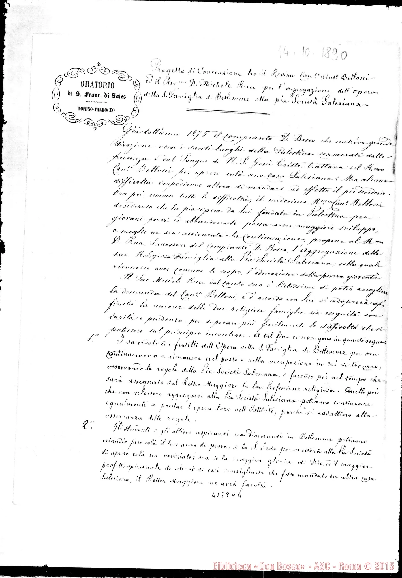Fotogramma A 4 — Progetto di convenzione. Firma autogr. Rua E Belloni, il 14-10-1890