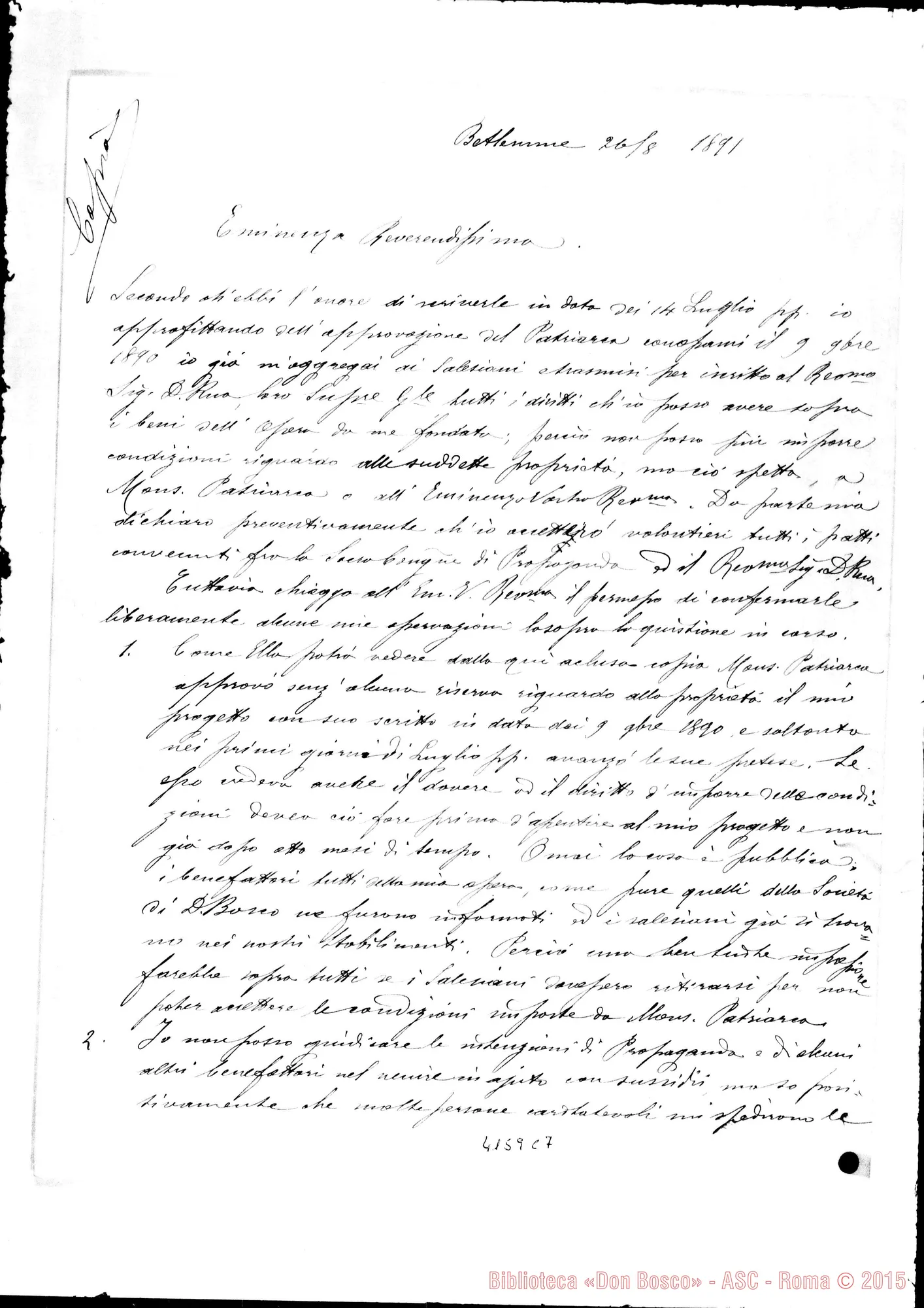 Fotogramma C 7 — Don Belloni-Eminenza Rev.ma. Betìemme, 26-08-1891. Copia