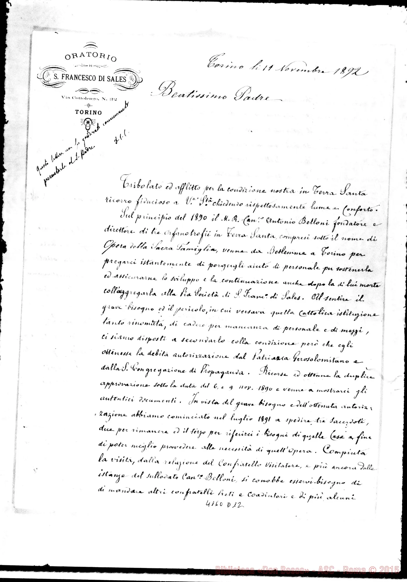 Fotogramma D 12 — Don Rua-Beatissimo Padre. Torino, 11-11-1892. Firma autogr. Rua