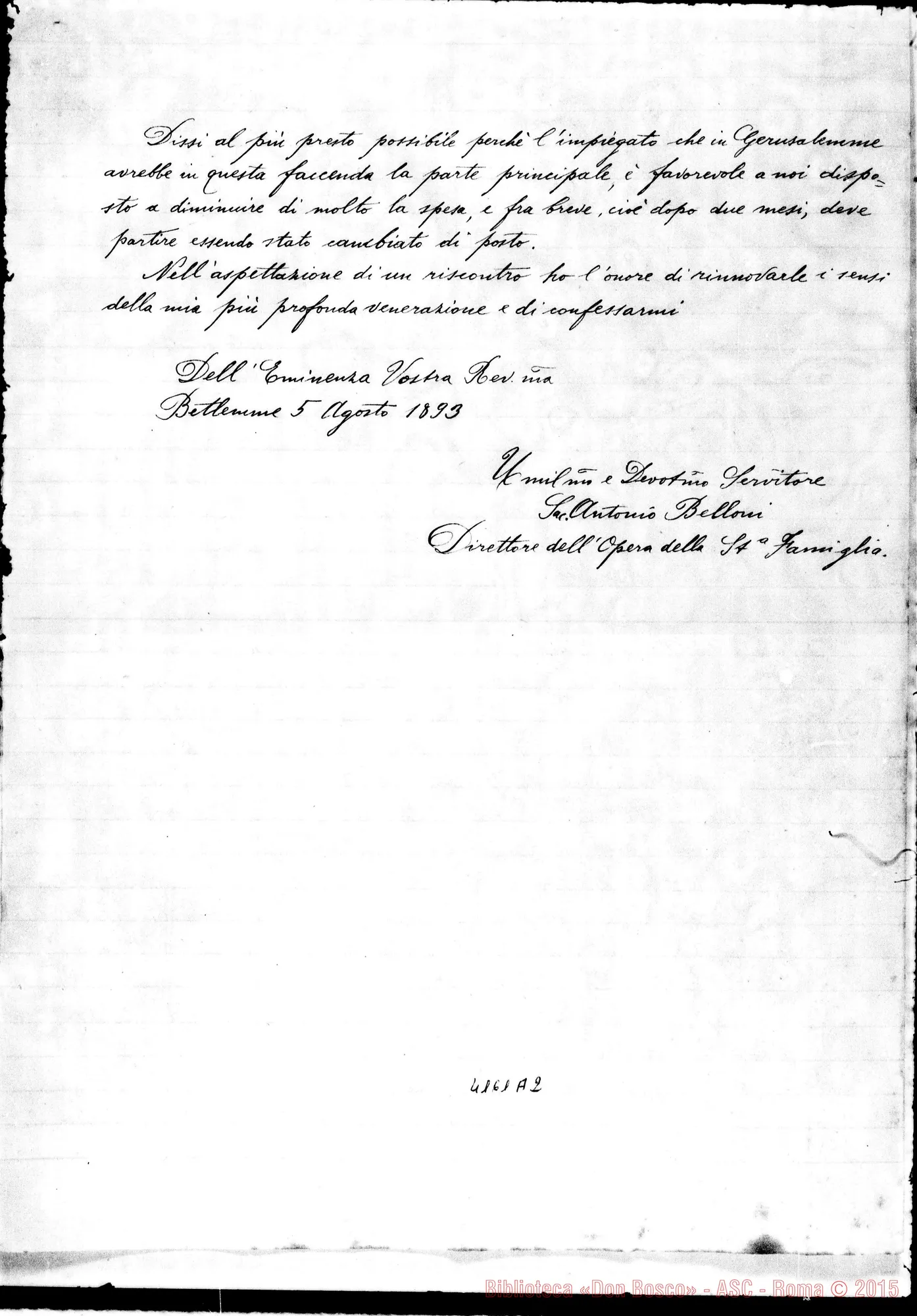 Fotogramma A 2 — Don Belloni-Eminenza Rev.ma. Betlemme, 5-08-1893 Copia Beirut: Ispett. Medio Oriente