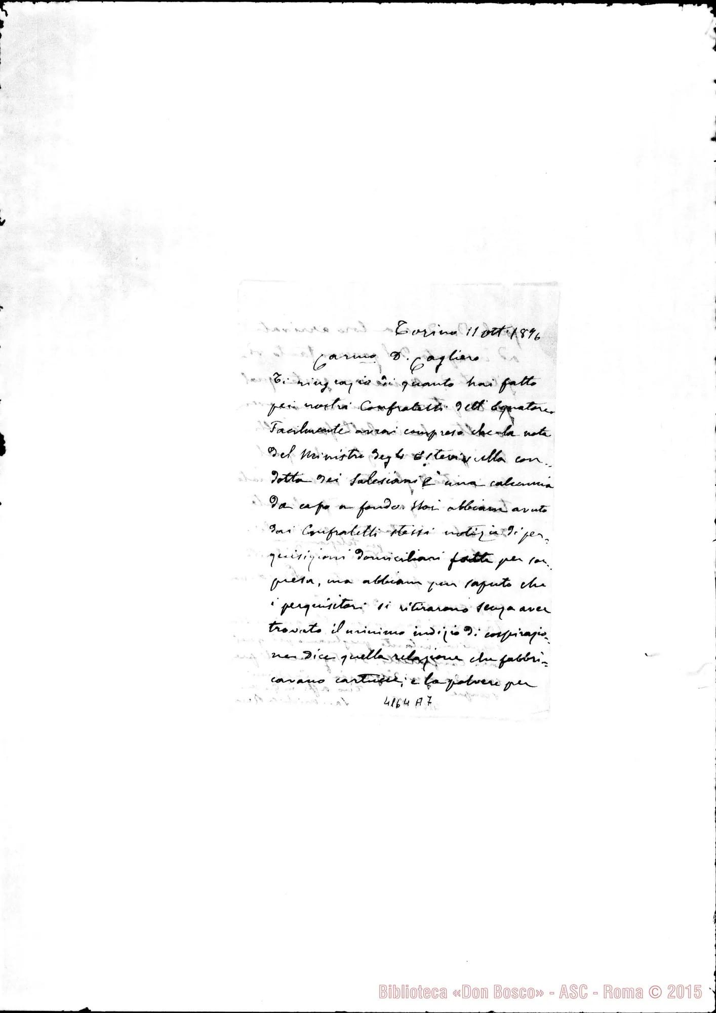 Fotogramma A 7 — Don Rua-Don Cagliero. Torino, 11-10-1896. Ms. autogr. Rua