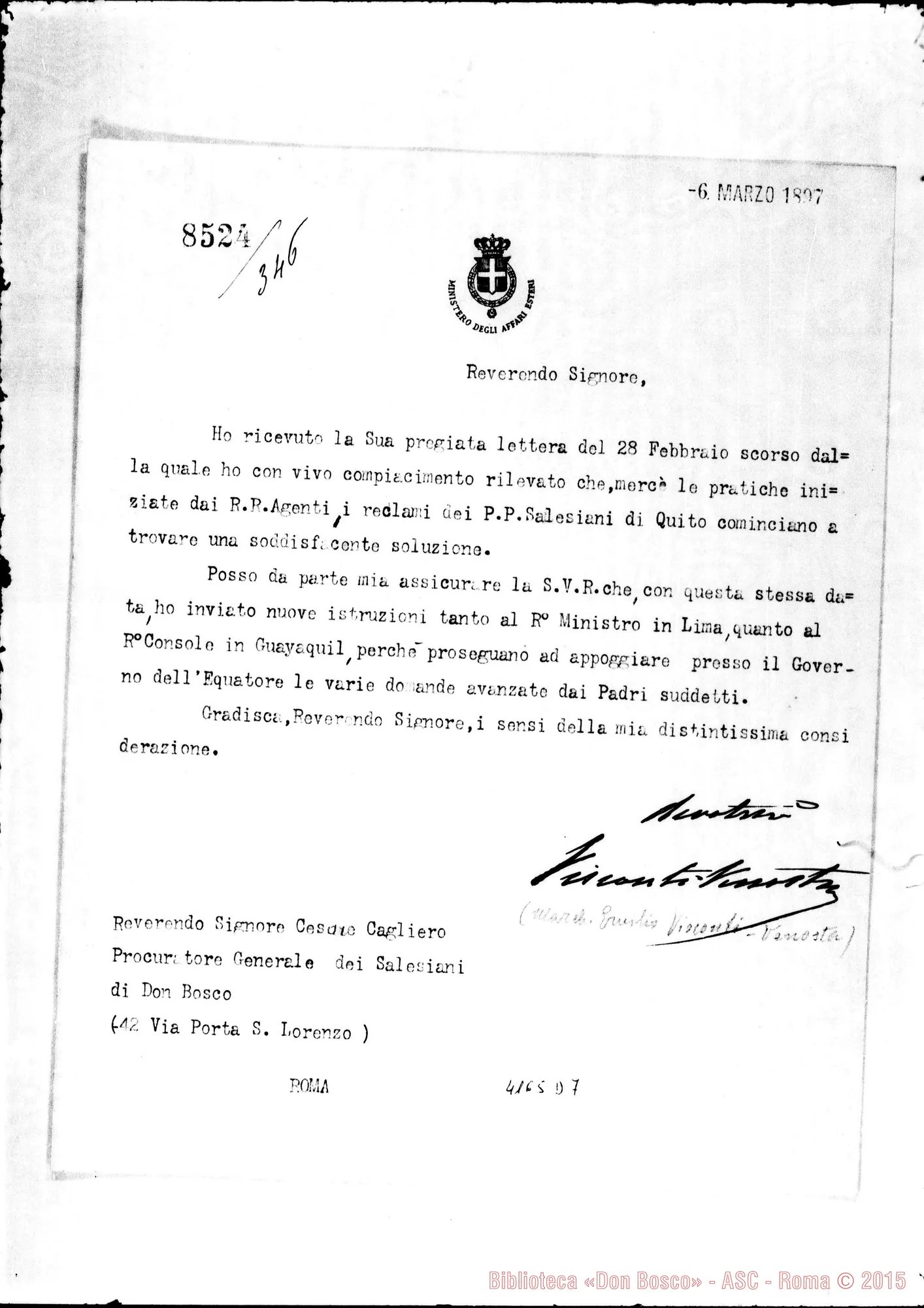 Fotogramma D 7 — Min. degli Esteri, march. Visconti Venosta-Don Cagliero. 6-03-1897
