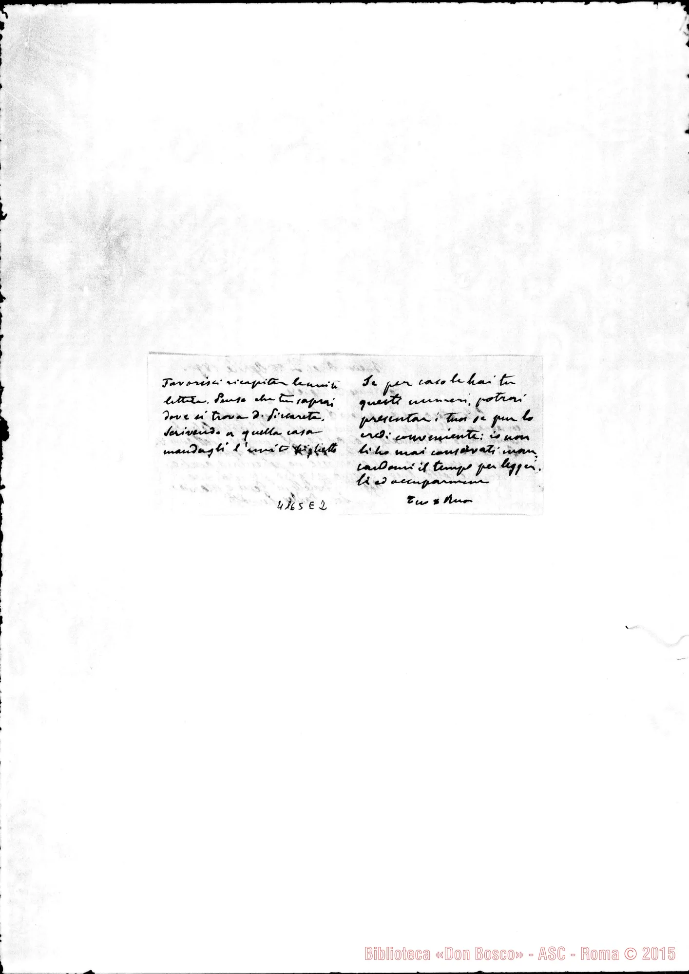 Fotogramma E 2 — Don Taddeo Remotti-Don Cagliero C.. Buenos A., 18-04-1897. Postilla ms. autogr. Rua