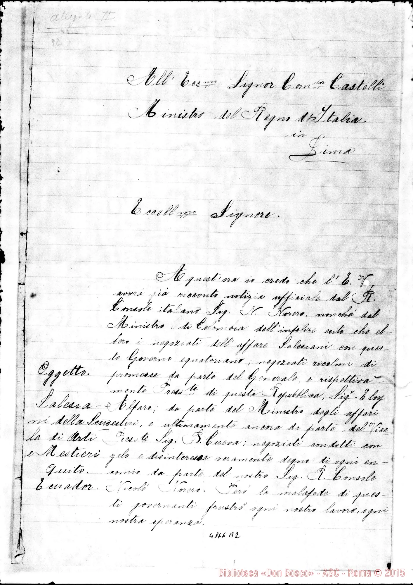 Fotogramma A 2 — Sig. Pancheri Giacinto-Comm. Castelli. Quito, 19-08-1897