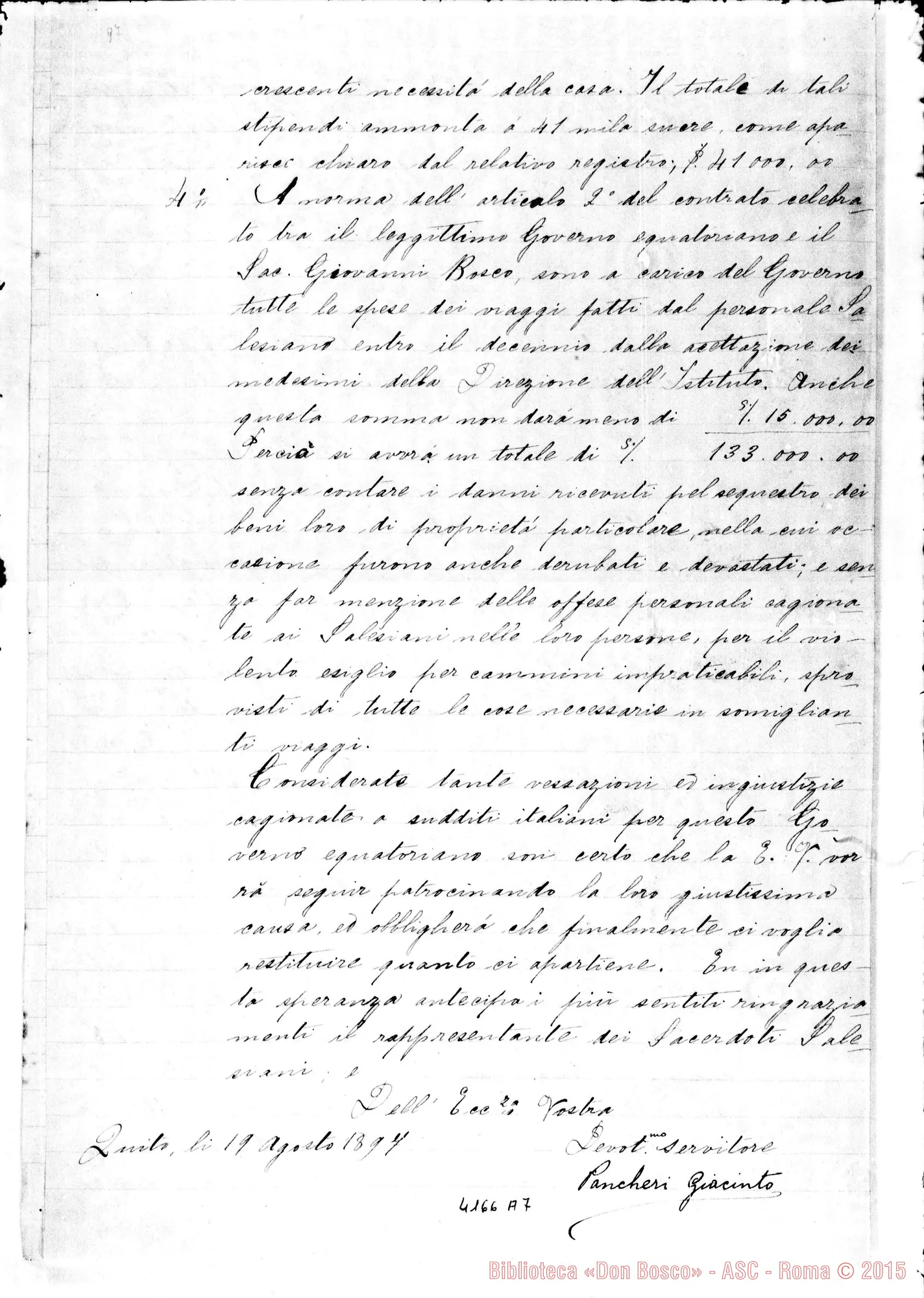 Fotogramma A 7 — Sig. Pancheri Giacinto-Comm. Castelli. Quito, 19-08-1897