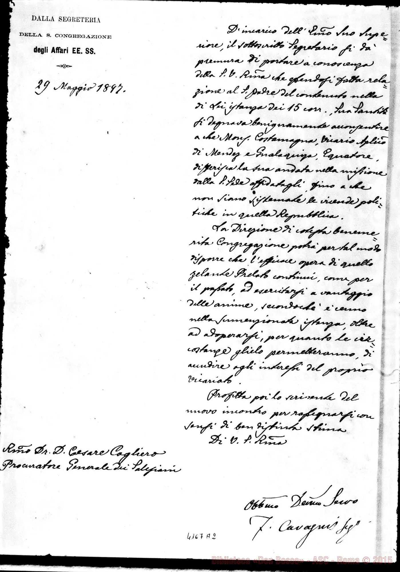 Fotogramma A 2 — Cavagnis F., dalla Segr. Affari Esteri-Don Cagliero, il 29-05-1897