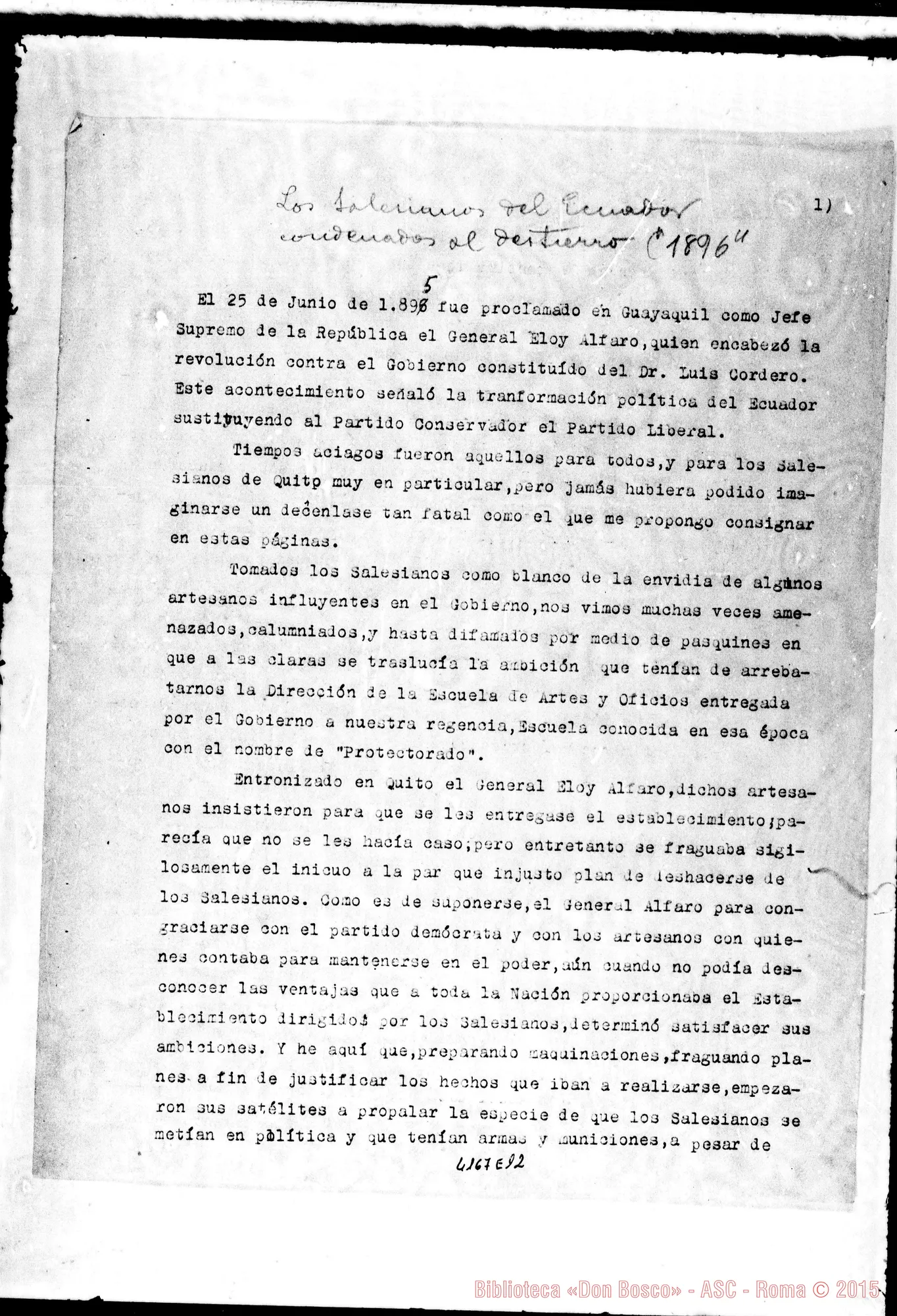 Fotogramma E 12 — Don Guido Rocca: «Los Salesianos del Ecuador condenados al destierro». Quito, 20-01-1900