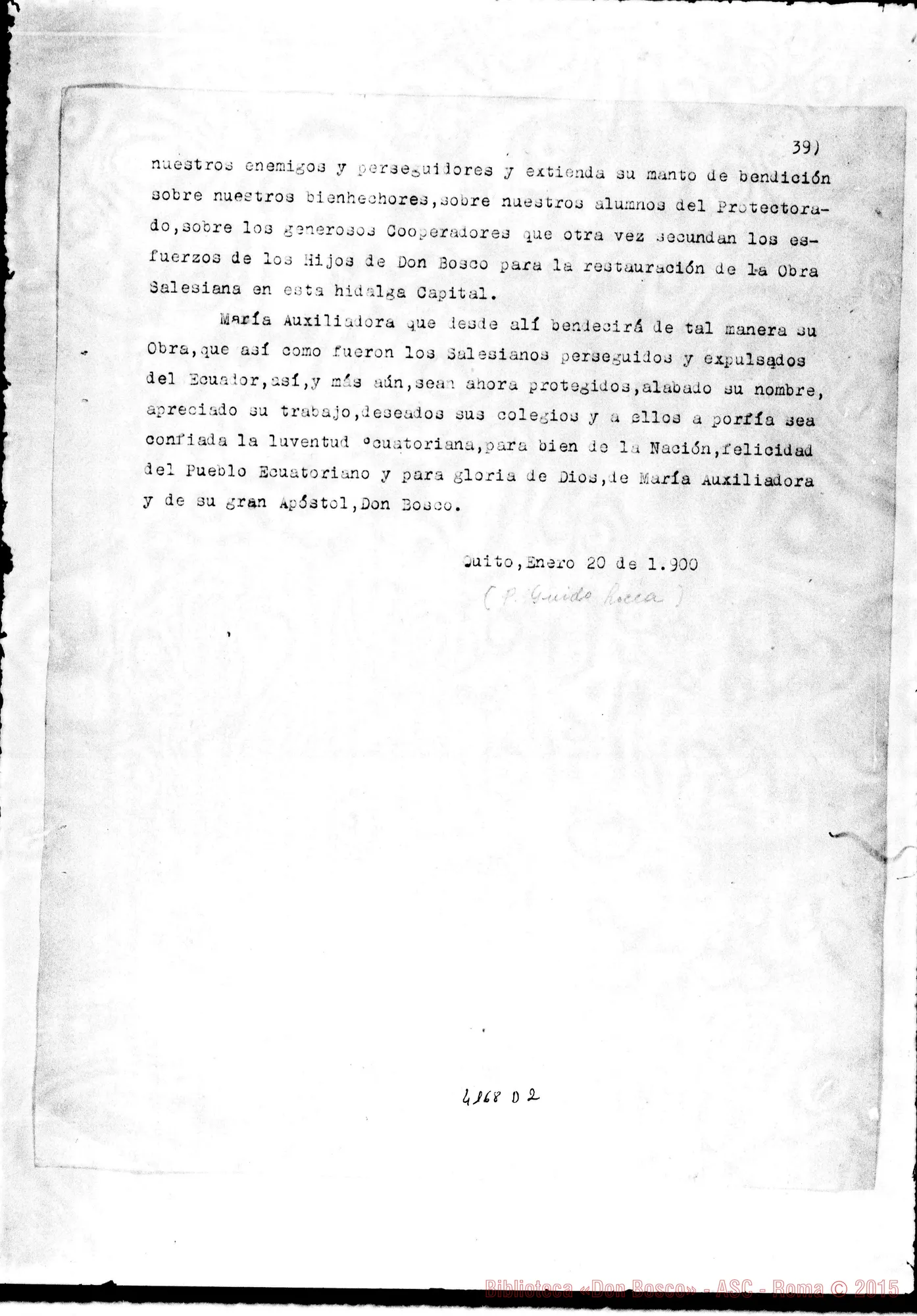 Fotogramma D 2 — Don Guido Rocca: «Los Salesianos del Ecuador condenados al destierro». Quito, 20-01-1900