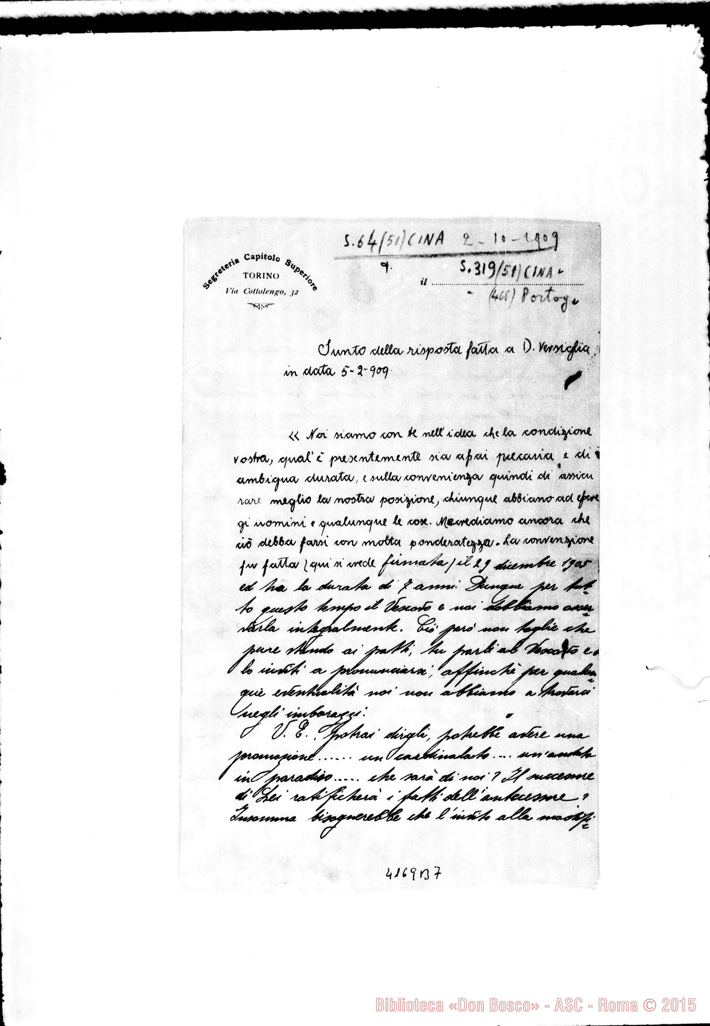 Fotogramma B 7 — Sunto di risposta A D. Versiglia del 5-02-1909 nella lett.: D. Gusmano-D. Cogliolo. Torino, 2-10-1909
