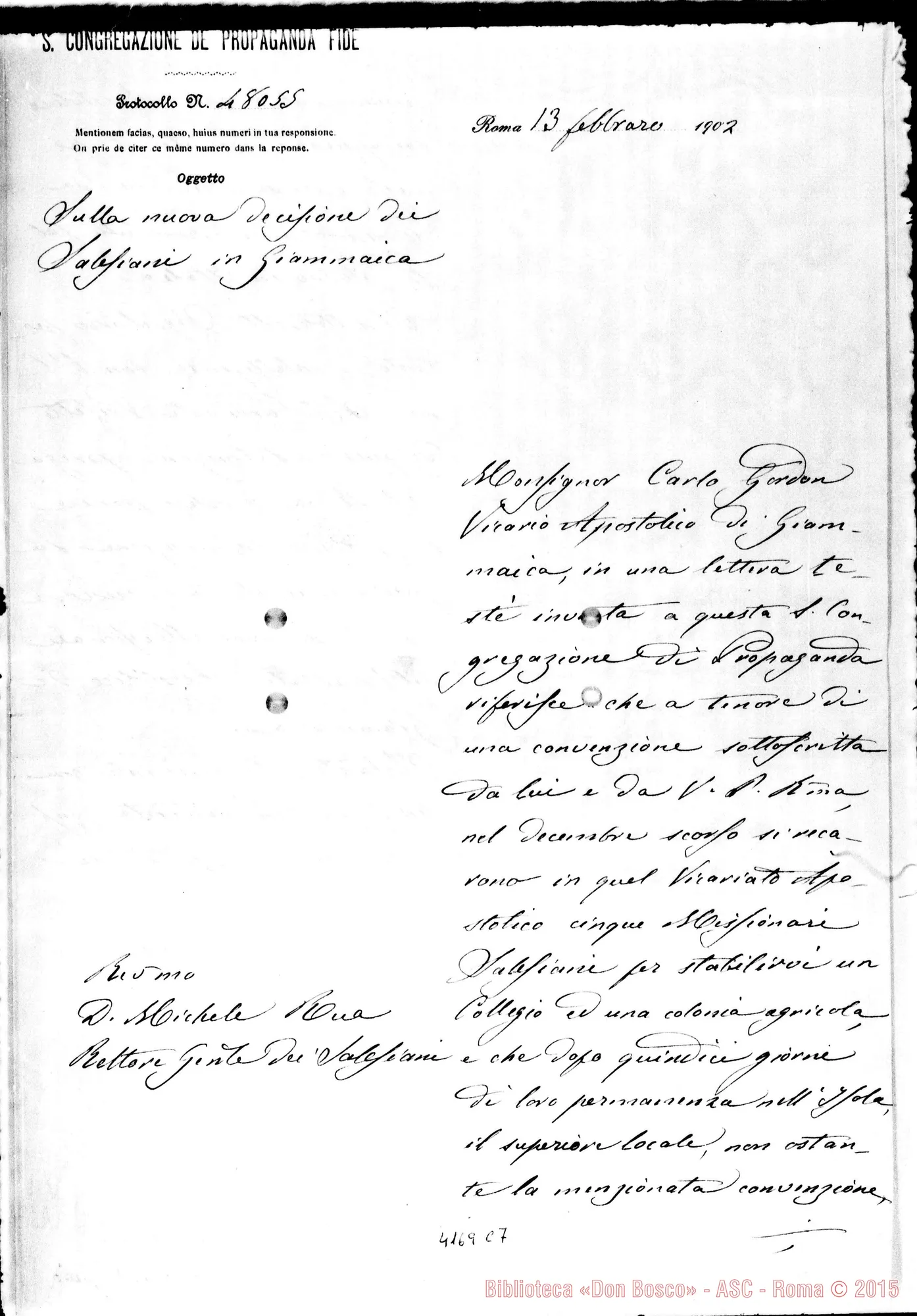 Fotogramma C 7 — Luigi Veccia, da Prop. Fide-Don Rua: Roma, 13-02-1902. Acclusa risposta D. Marenco-Mons. Veccia L.: Roma, 9-03-1902 Méndez y Gualaquiza: