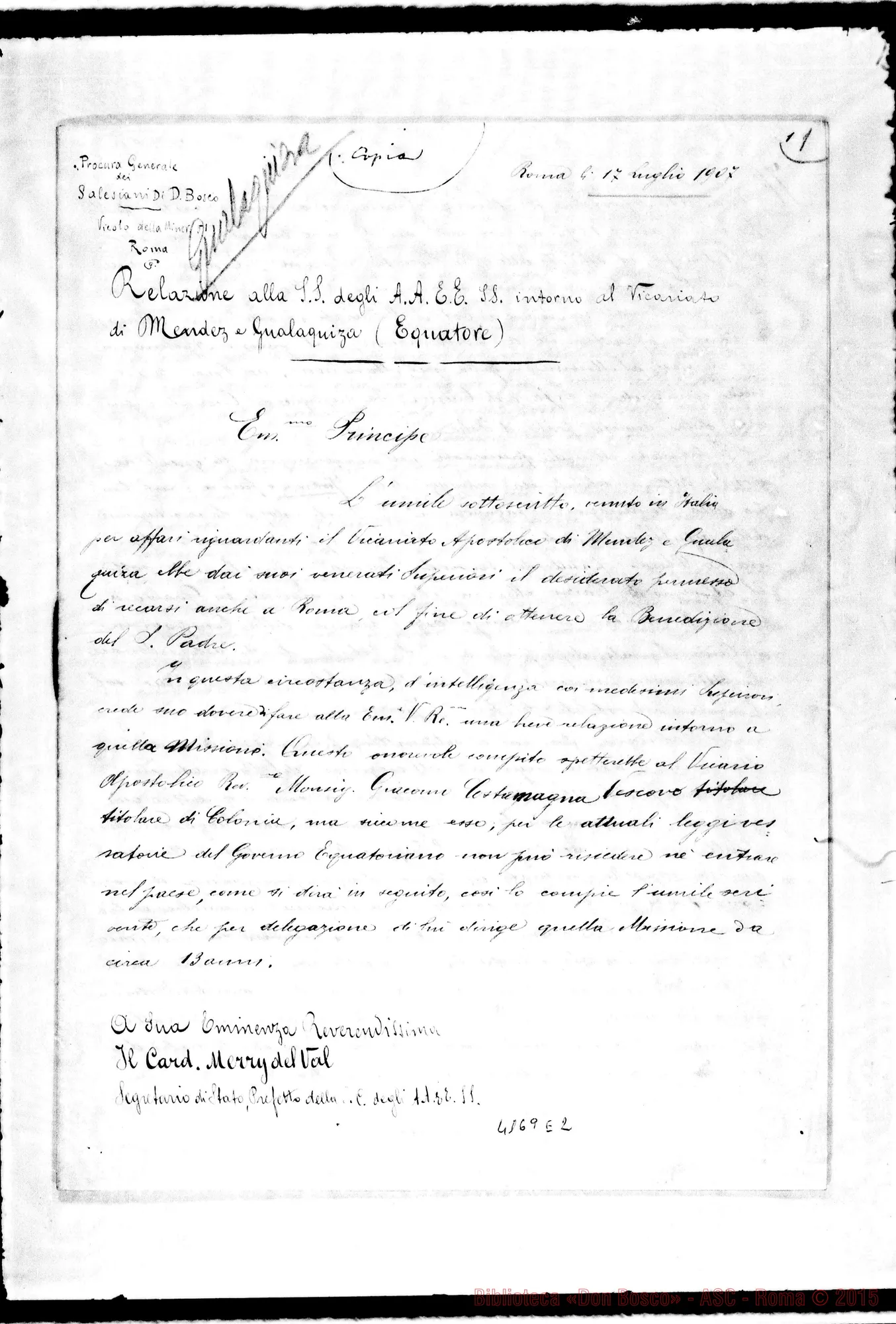 Fotogramma E 2 — Copia di carte relative al Vicariato di Méndez y Gualaquiza. Dal 17-07-1907