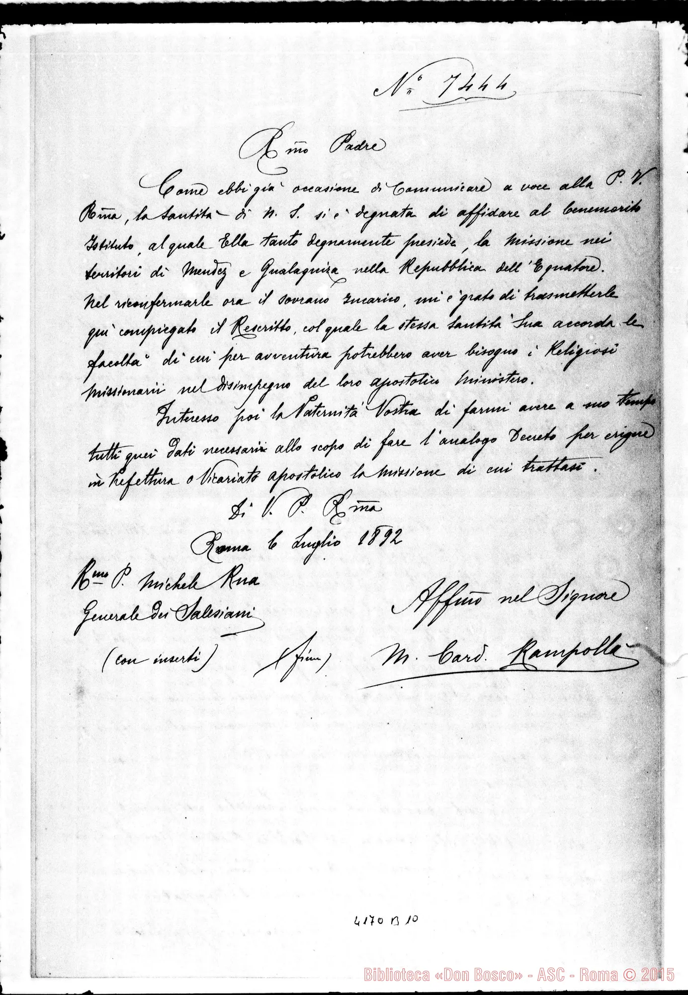 Fotogramma B 10 — Supplica di Don Rua al Beatissimo Padre. All. stampato: «Facultates concessae A SS. D.N.D.»
