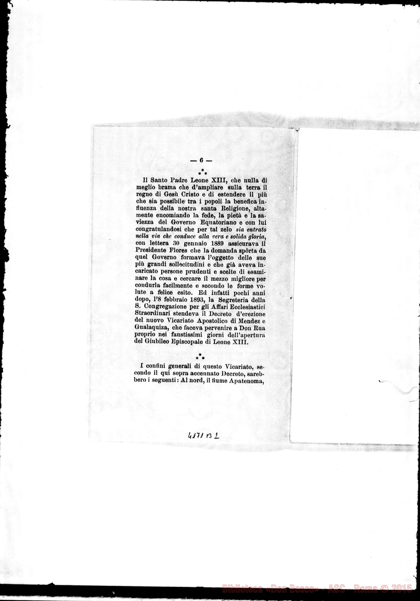 Fotogramma B 2 — Don Rua-Card. Prefetto degli AA.EE.SS.. Torino, 26-04-1894. All. stampato: «Primo viaggio d’esplorazione nel Vie. Sai. di Mendez e Gualawuiza»
