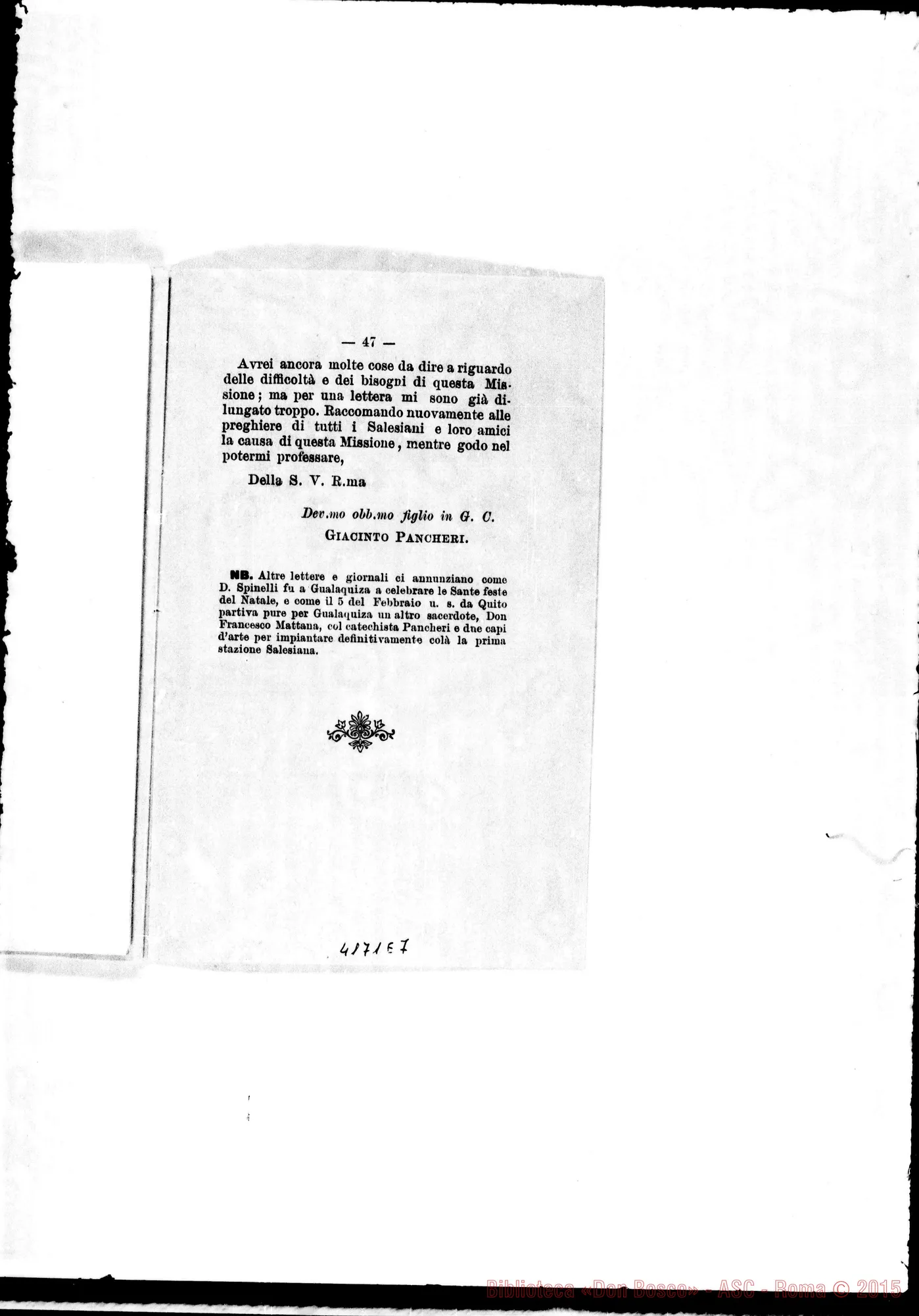 Fotogramma E 7 — Don Rua-Card. Prefetto degli AA.EE.SS.. Torino, 26-04-1894. All. stampato: «Primo viaggio d’esplorazione nel Vie. Sai. di Mendez e Gualawuiza»
