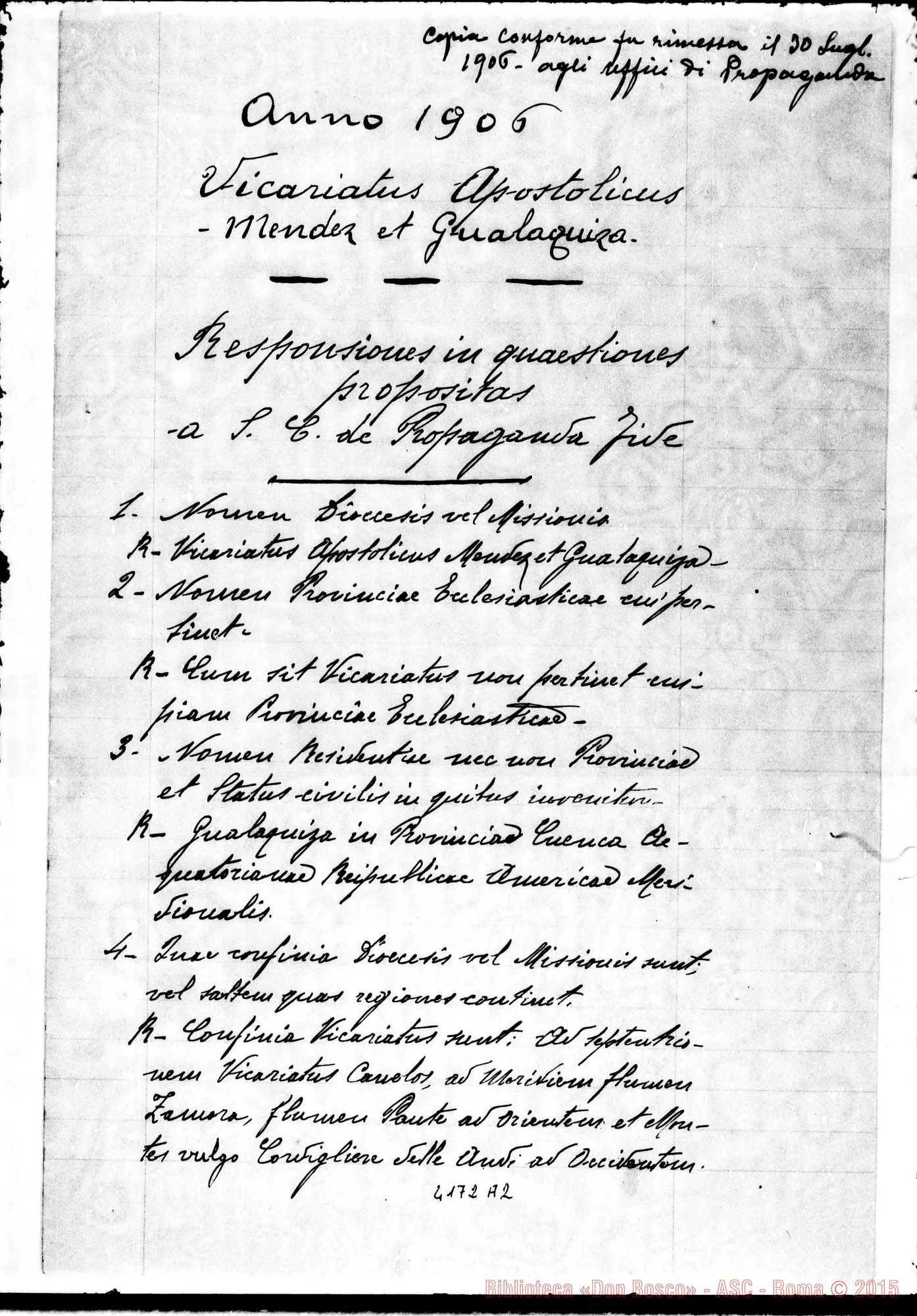Fotogramma A 2 — Vie. Apost. di Méndez y Gualaquiza: Responsio ad quaestiones. 1906