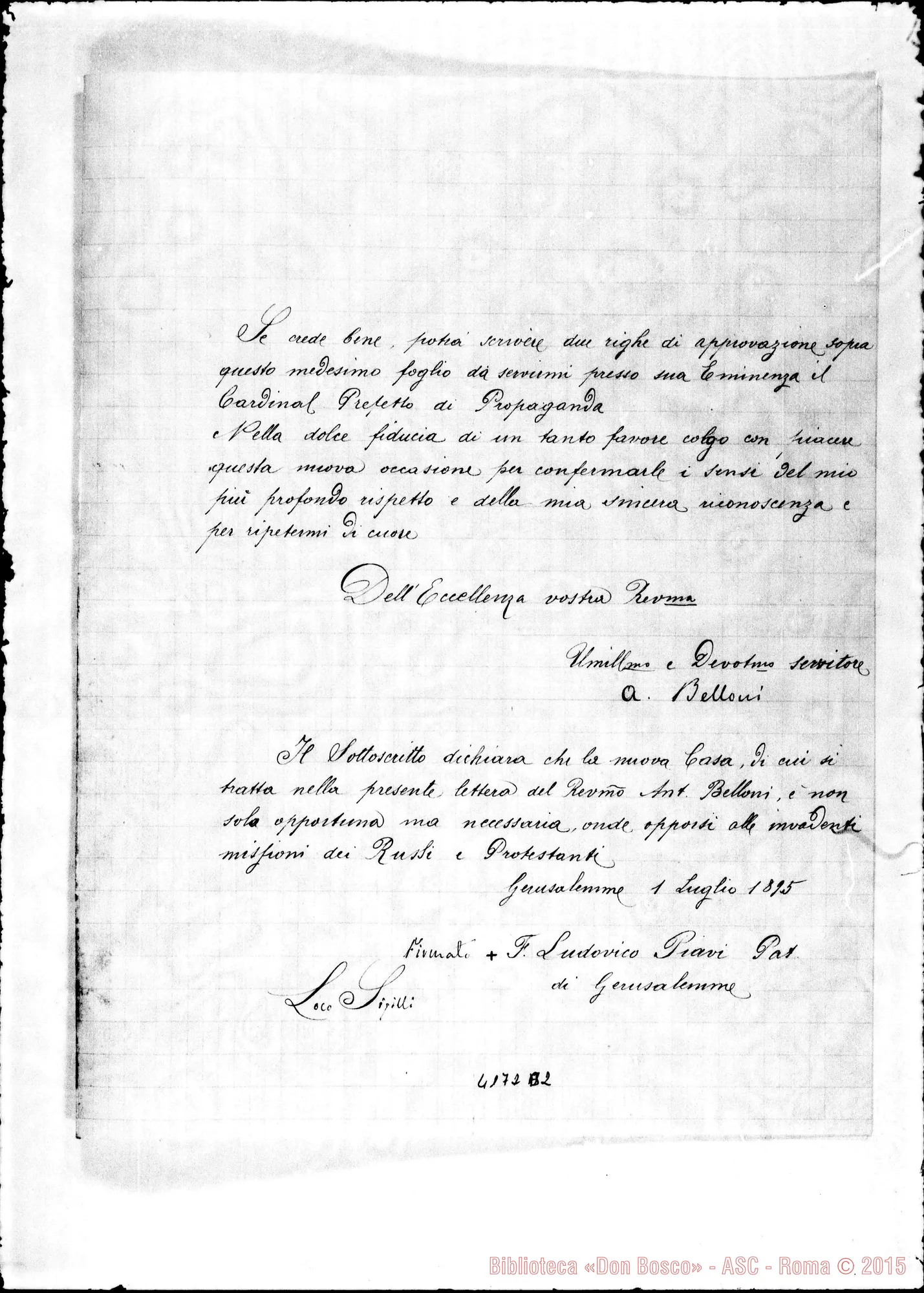Fotogramma B 2 — Don Antonio Belloni-Mons. Lodovico Piavi, patriarca. Betlemme, 29-06-1895