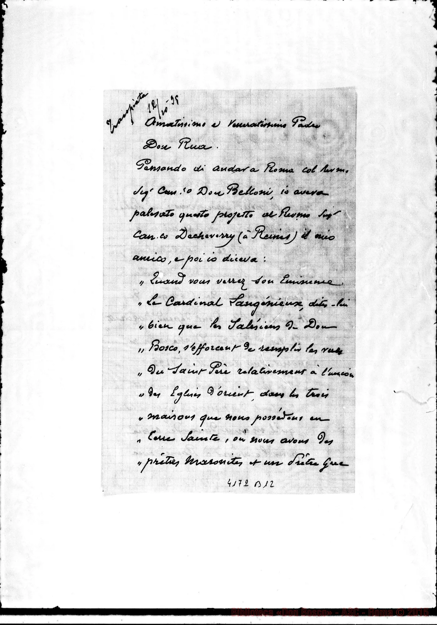 Fotogramma B 12 — Don Neple-Don Rua. Nice, 8-10-1895. Con nota per D. Cagliero. Nazareth, 11-10-1895 Autogr. Rua