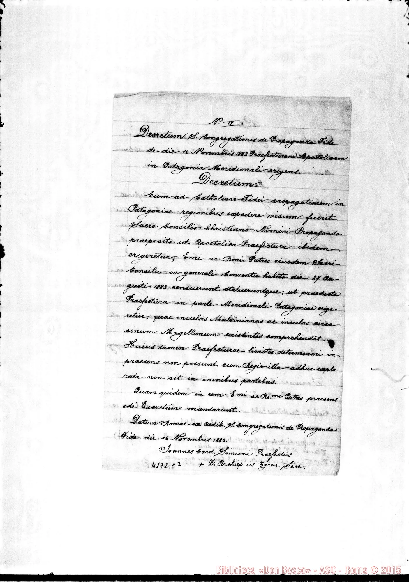 Fotogramma C 7 — Decreto d’erezione canonica della Prefettura Apostolica E nomina di D. Giuseppe Fagnano. 16-11 E 2-12-1883. Copia